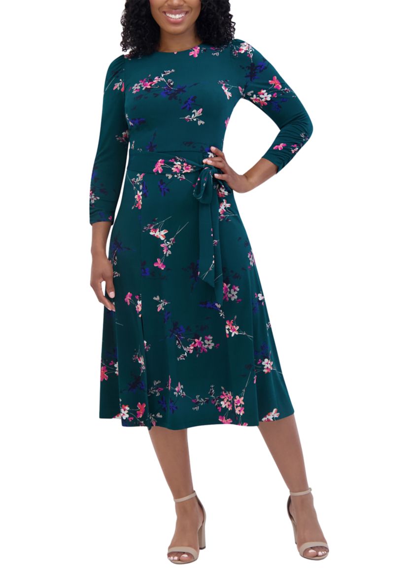 Womens 3/4 Sleeve Crew Neck Floral Print Tie Fit and Flare Dress