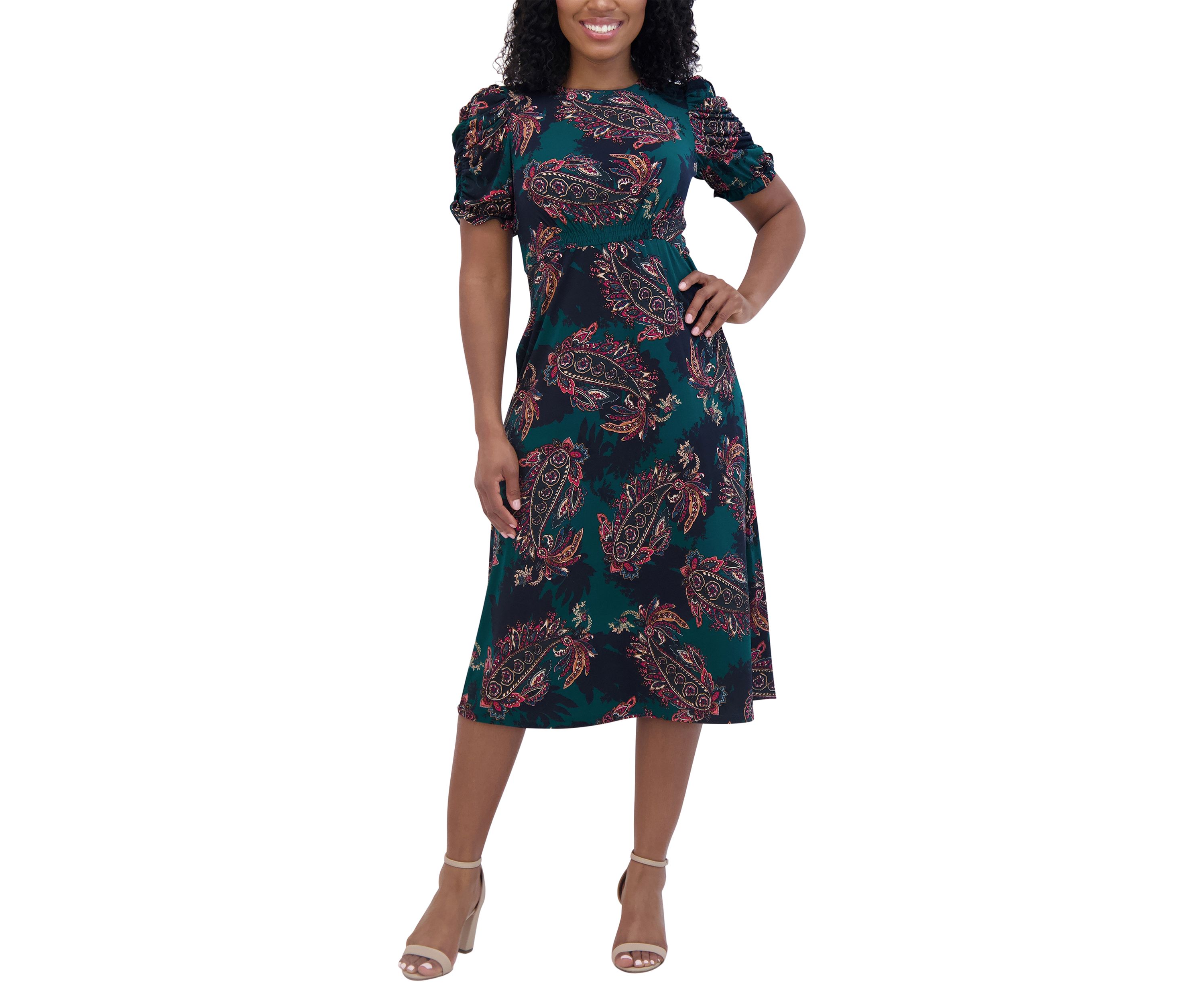 Womens Ruched Sleeve Crew Neck Paisley Print Fit and Flare Dress
