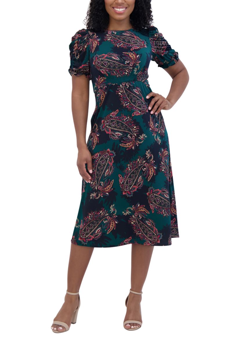Womens Ruched Sleeve Crew Neck Paisley Print Fit and Flare Dress