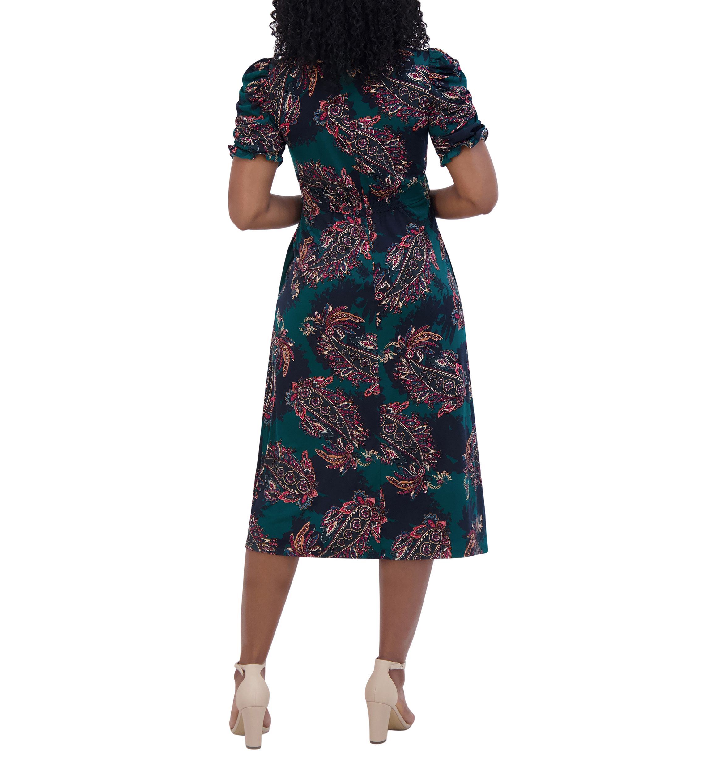 Womens Ruched Sleeve Crew Neck Paisley Print Fit and Flare Dress