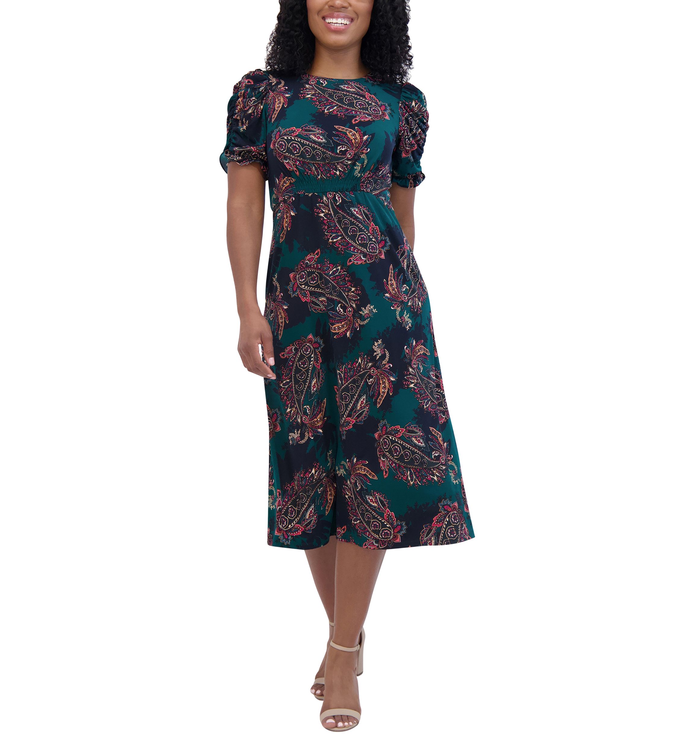 Womens Ruched Sleeve Crew Neck Paisley Print Fit and Flare Dress