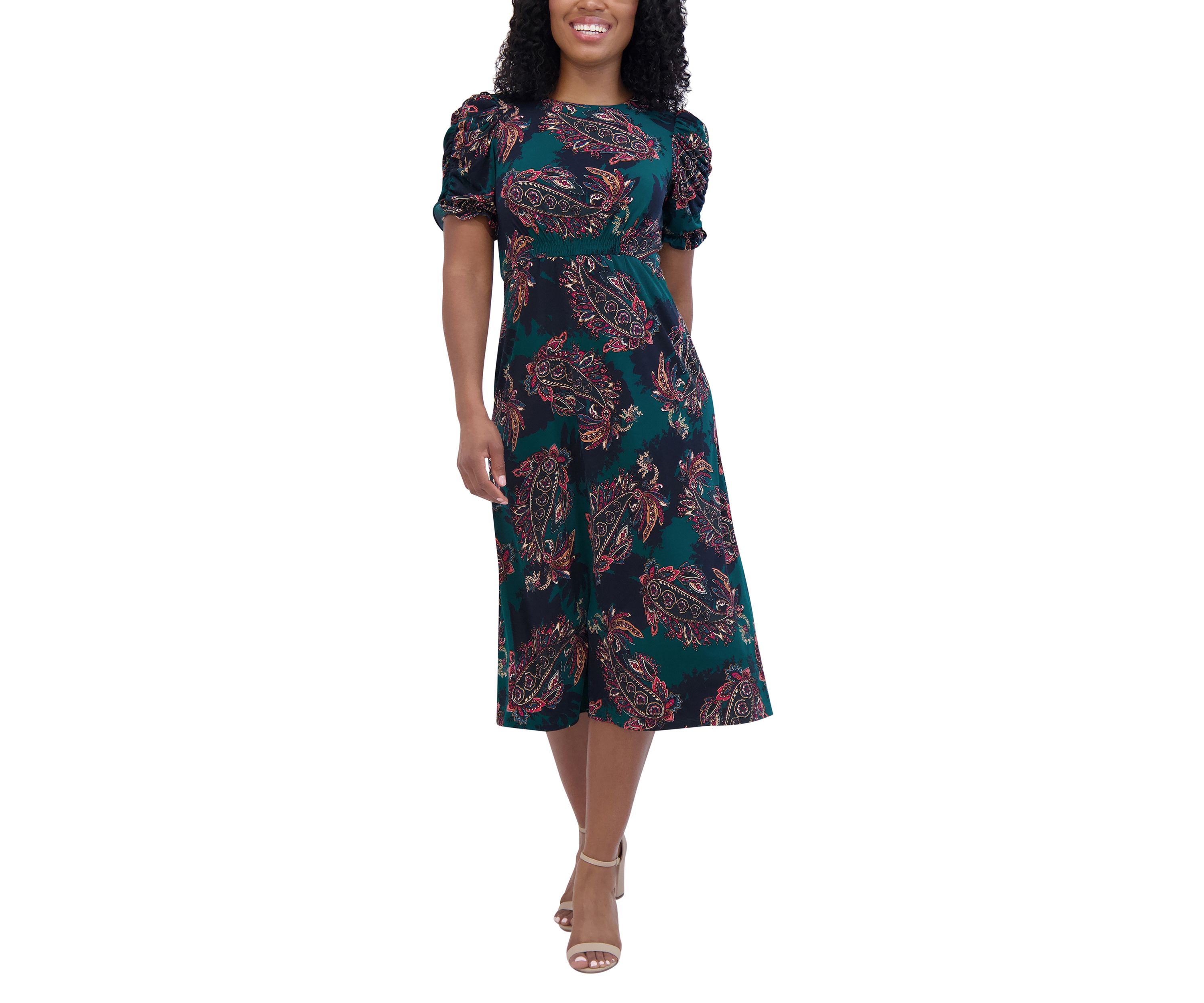 Womens Ruched Sleeve Crew Neck Paisley Print Fit and Flare Dress