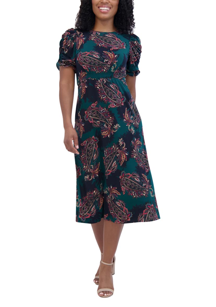 Womens Ruched Sleeve Crew Neck Paisley Print Fit and Flare Dress