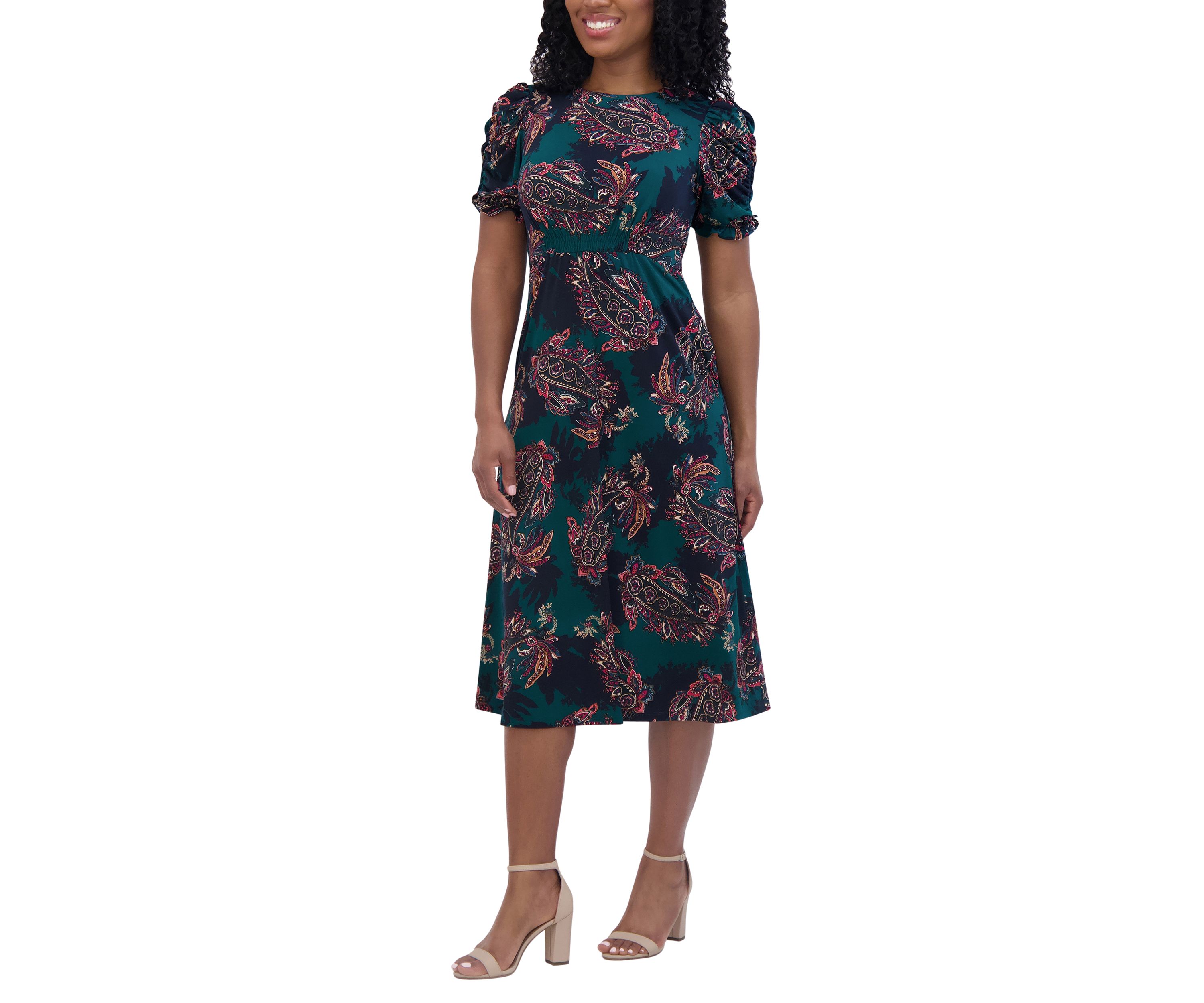 Womens Ruched Sleeve Crew Neck Paisley Print Fit and Flare Dress