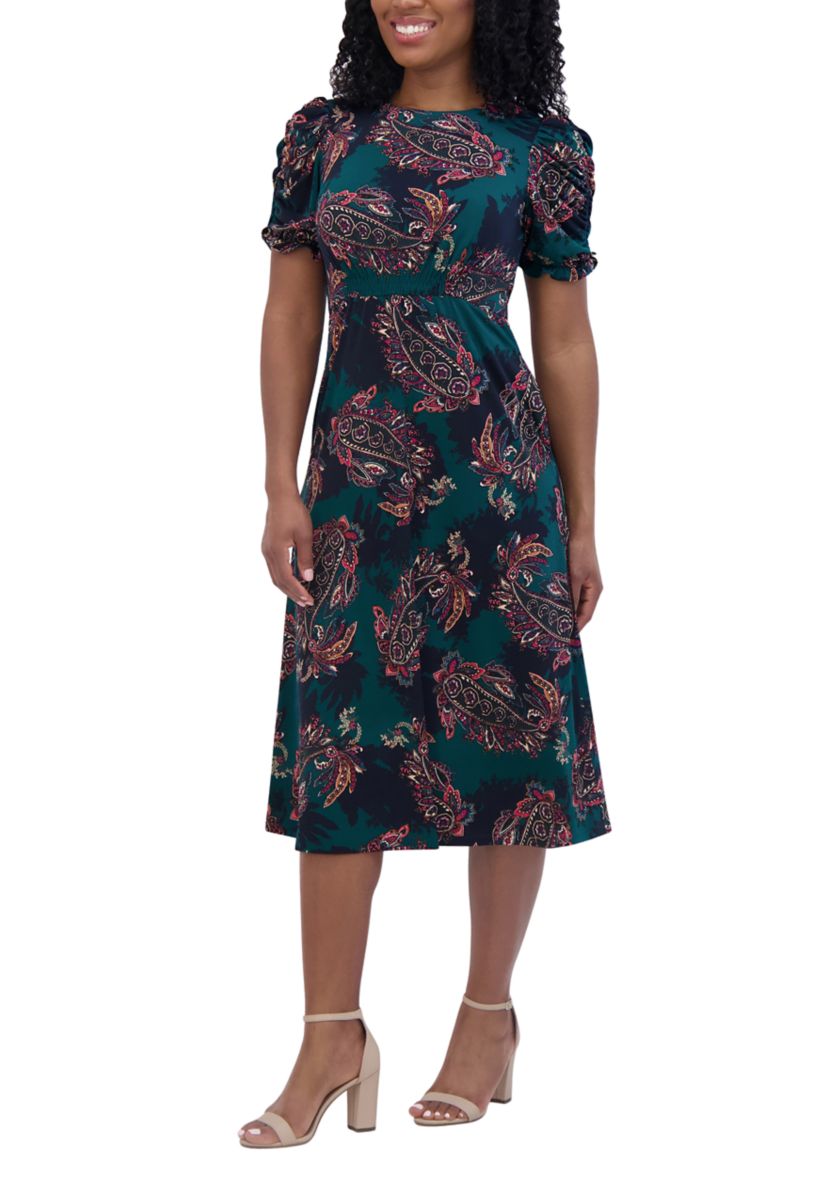 Womens Ruched Sleeve Crew Neck Paisley Print Fit and Flare Dress