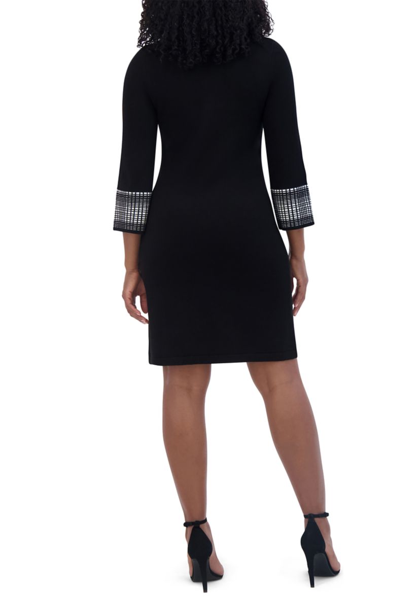 Womens 3/4 Sleeve Cowl Neck Two Tone A-Line Dress