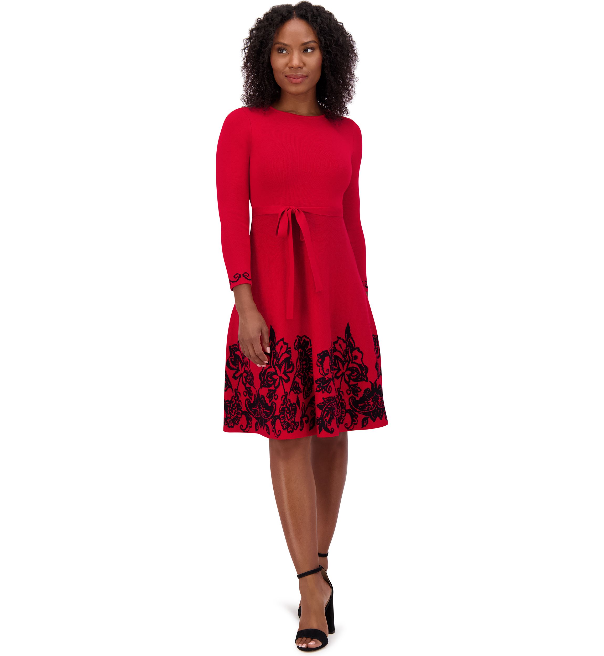 Womens 3/4 Sleeve Crew Neck Floral Print Belted Fit and Flare Dress