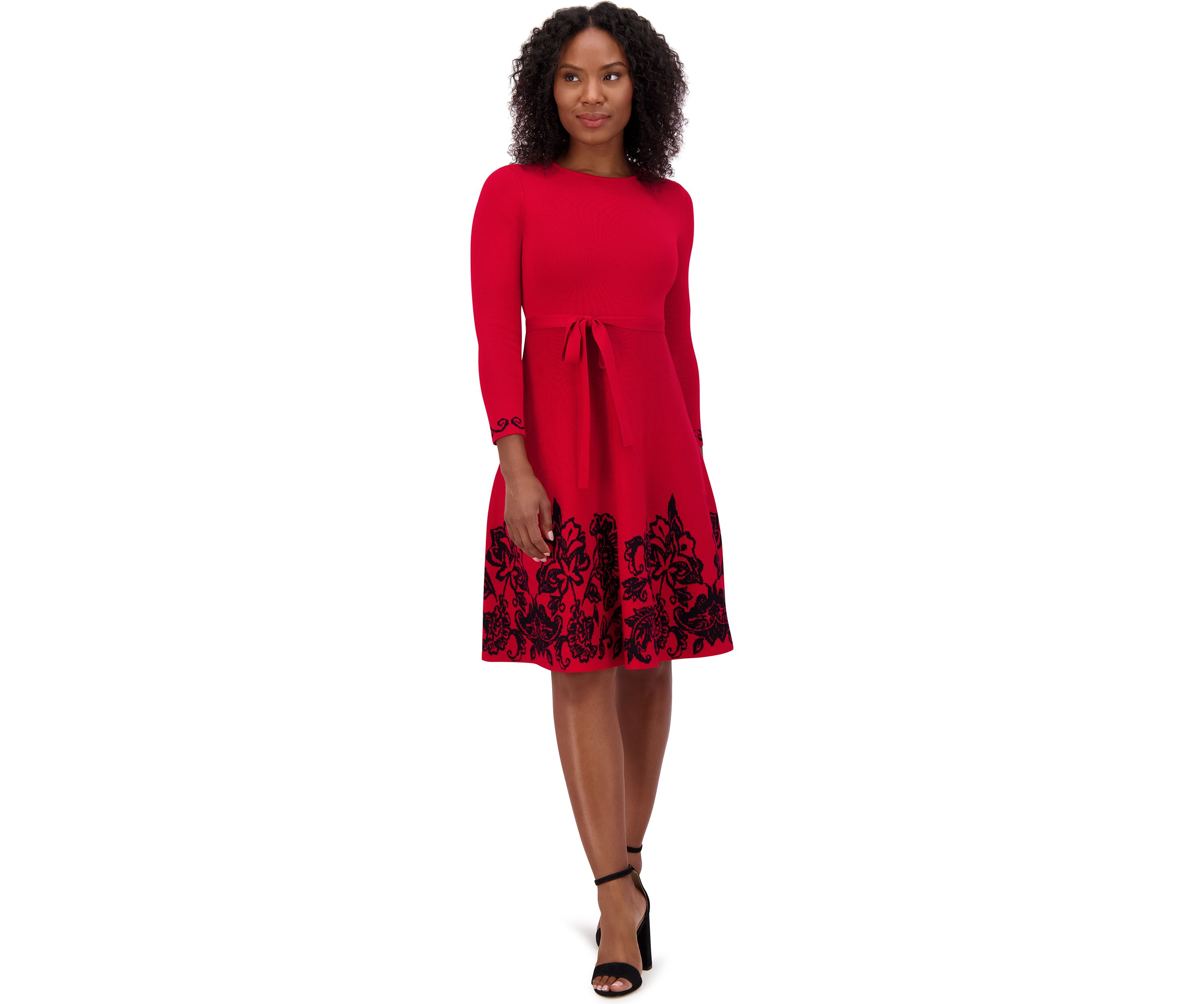 Womens 3/4 Sleeve Crew Neck Floral Print Belted Fit and Flare Dress