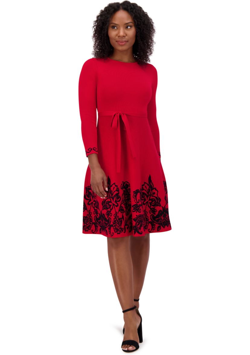 Womens 3/4 Sleeve Crew Neck Floral Print Belted Fit and Flare Dress