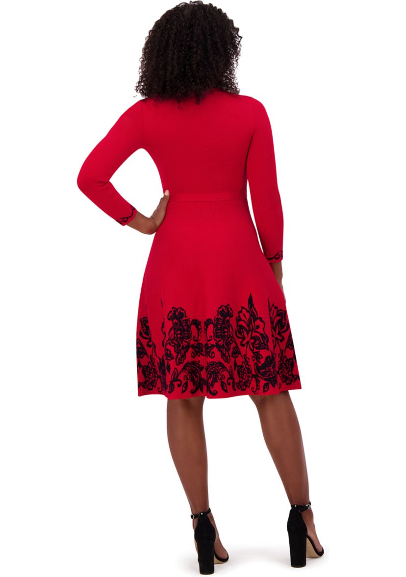 Womens 3/4 Sleeve Crew Neck Floral Print Belted Fit and Flare Dress