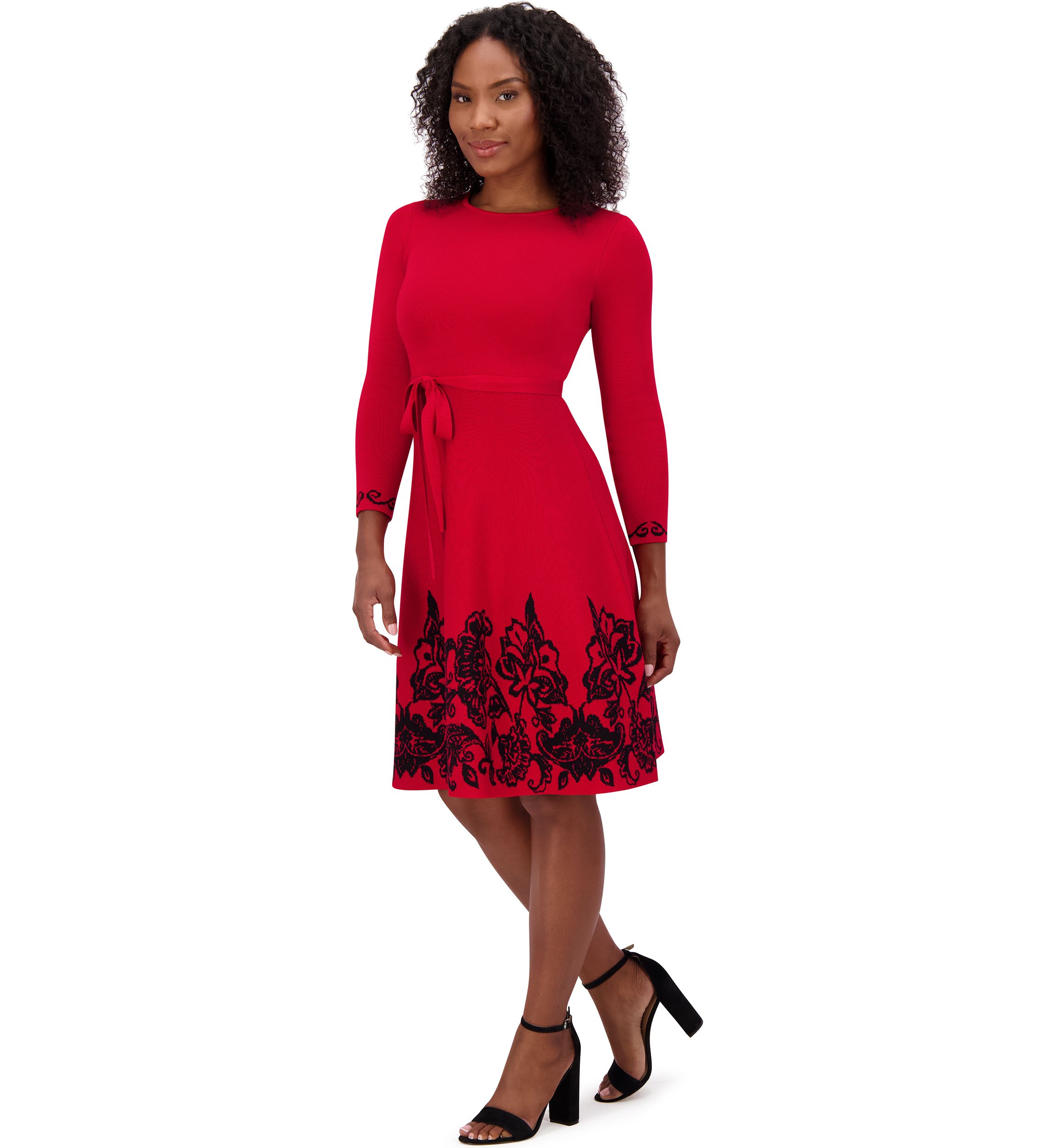 Womens 3/4 Sleeve Crew Neck Floral Print Belted Fit and Flare Dress