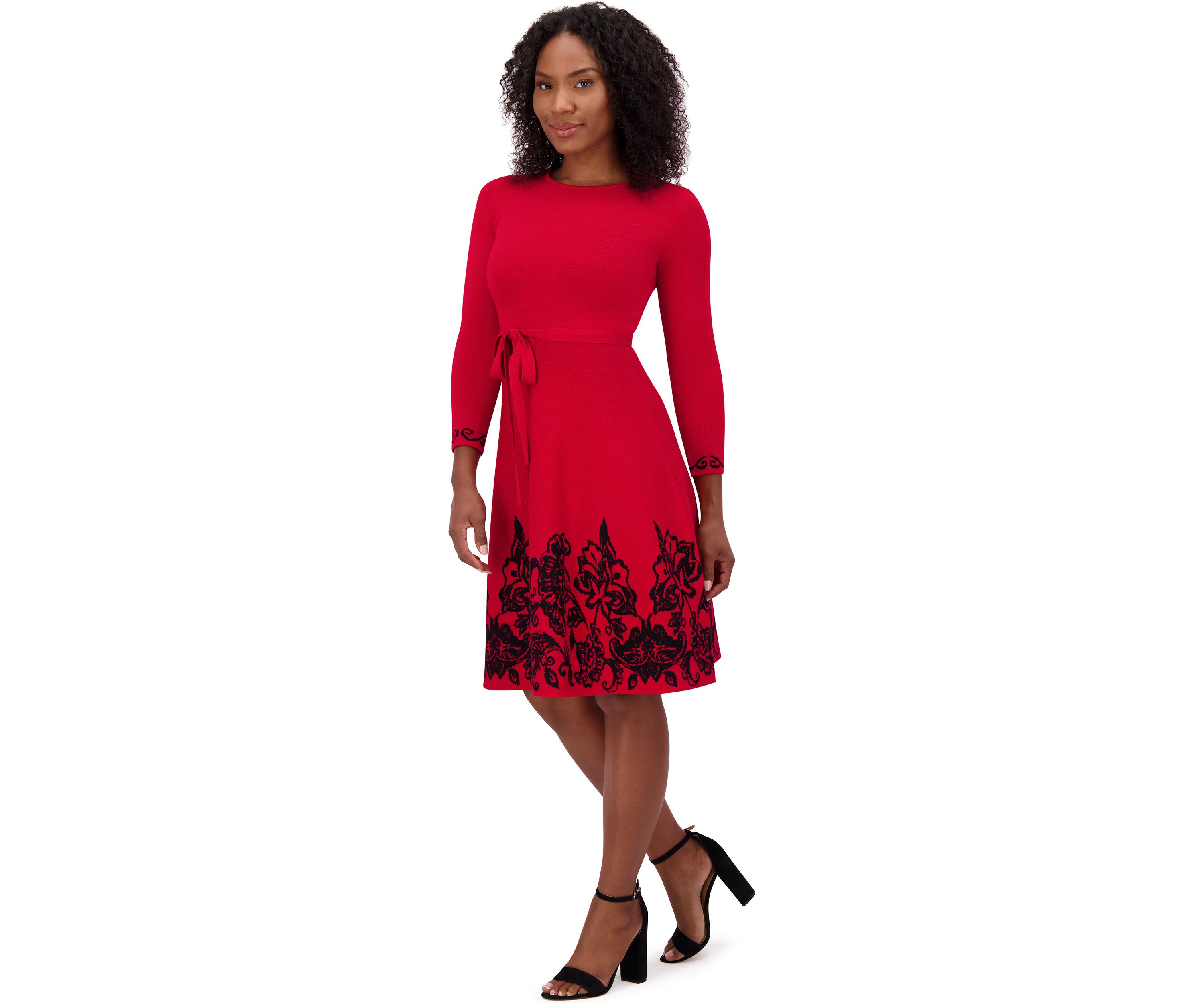 Womens 3/4 Sleeve Crew Neck Floral Print Belted Fit and Flare Dress