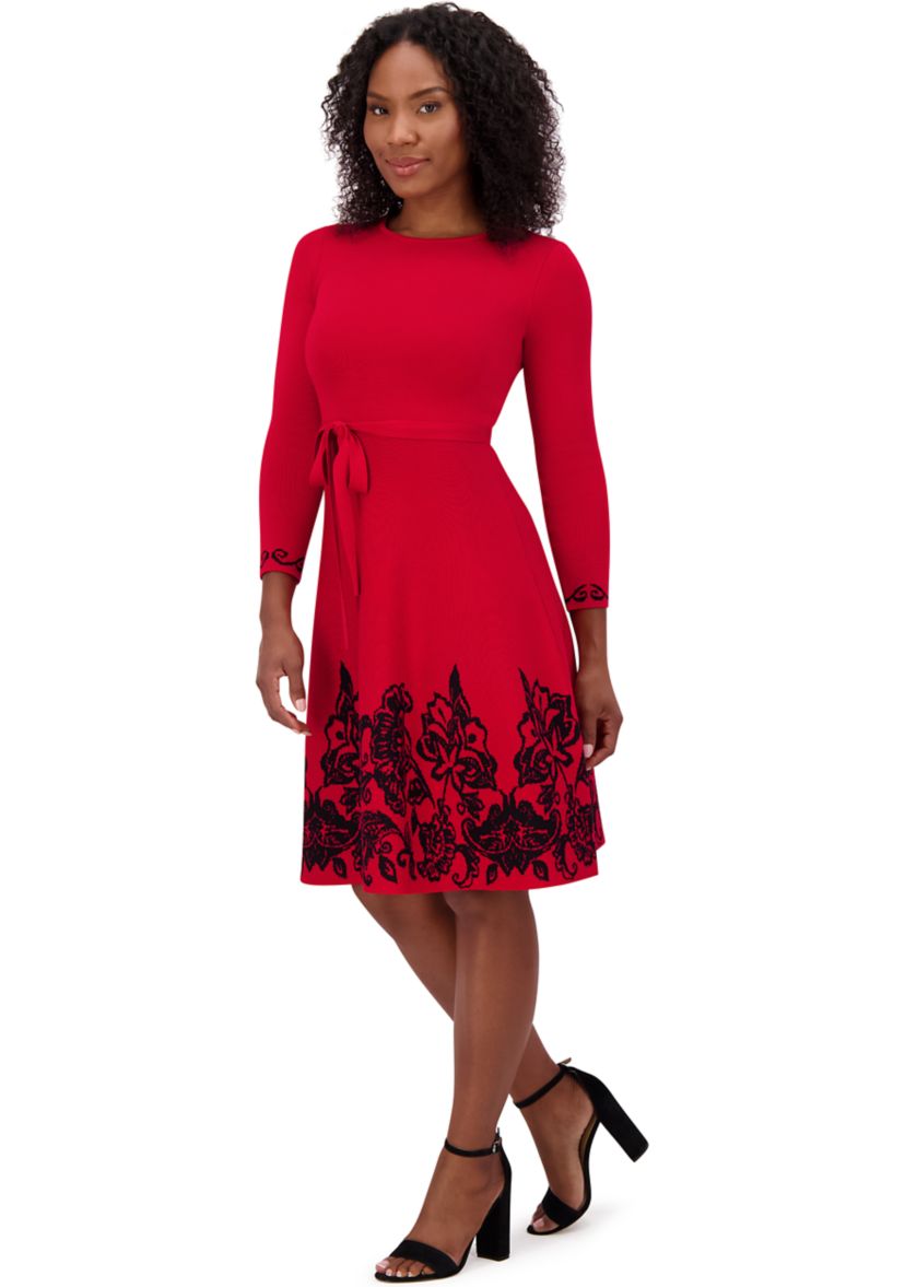 Womens 3/4 Sleeve Crew Neck Floral Print Belted Fit and Flare Dress