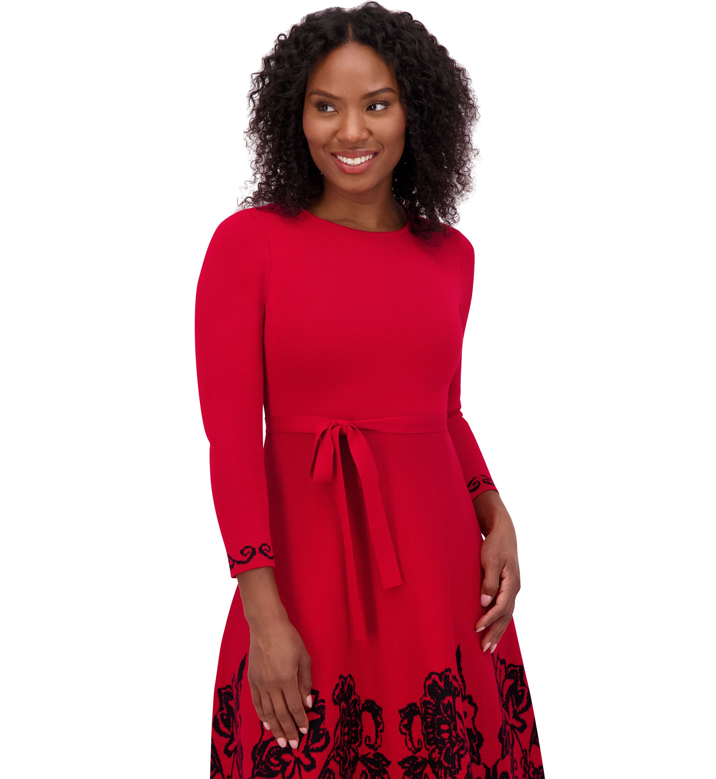 Womens 3/4 Sleeve Crew Neck Floral Print Belted Fit and Flare Dress