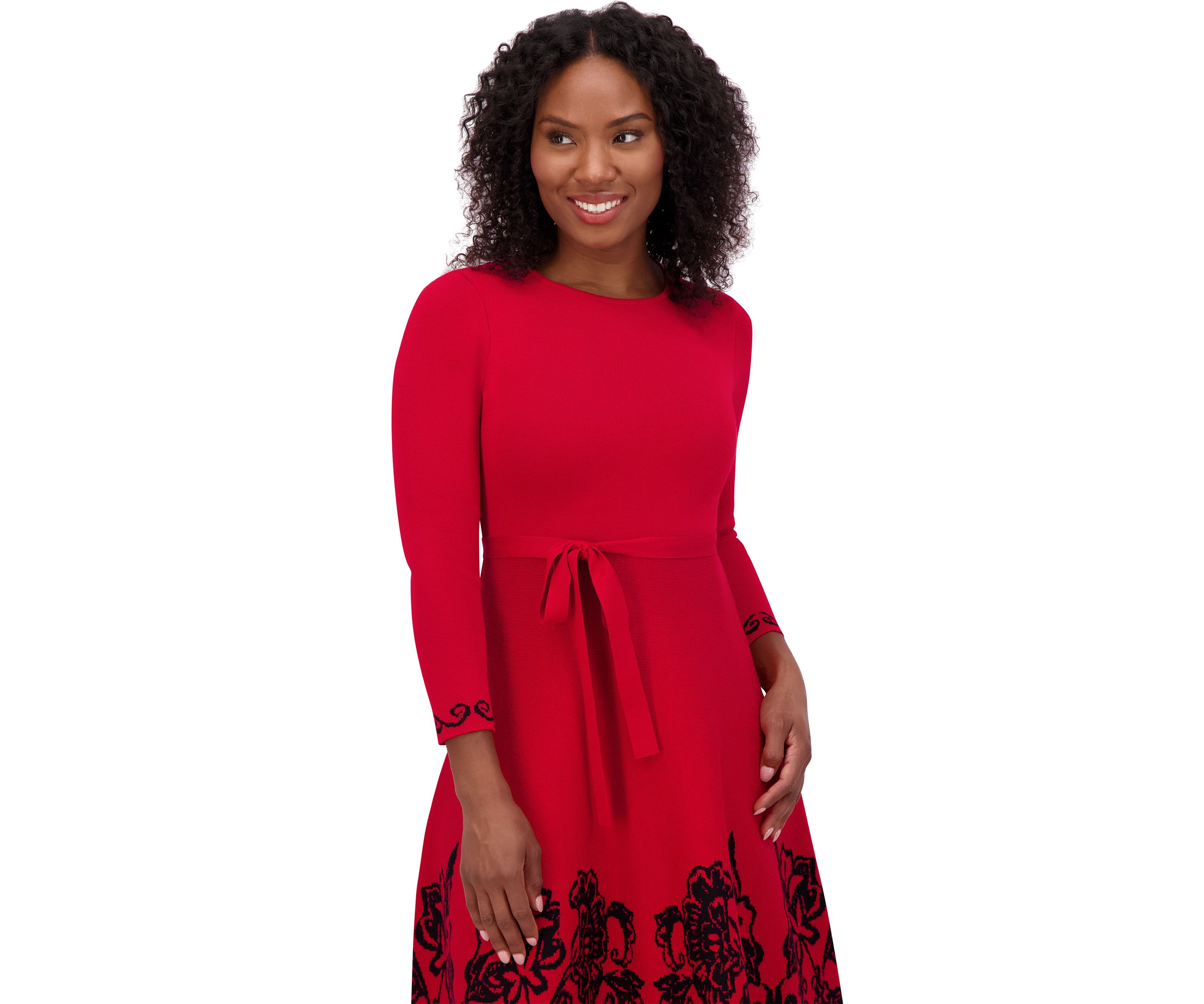 Womens 3/4 Sleeve Crew Neck Floral Print Belted Fit and Flare Dress