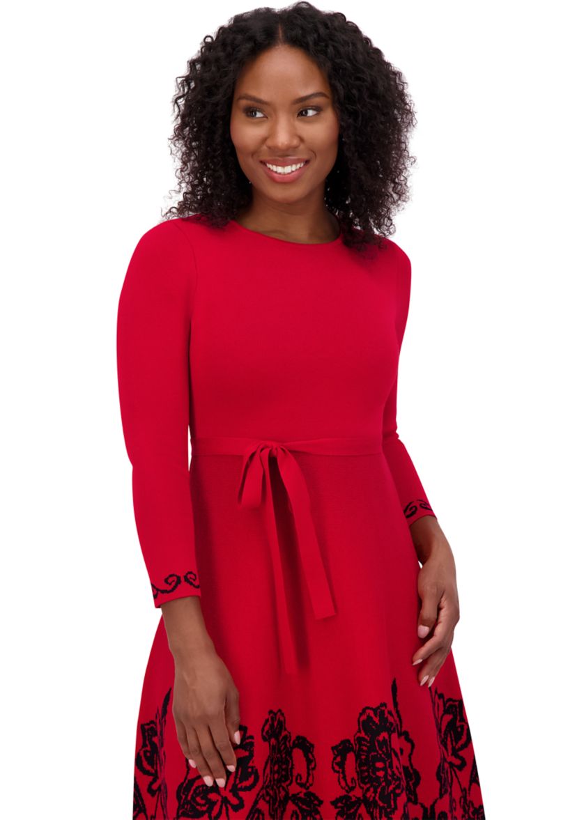 Womens 3/4 Sleeve Crew Neck Floral Print Belted Fit and Flare Dress
