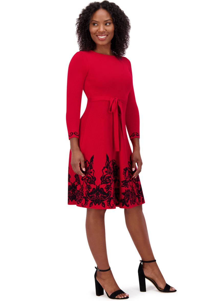 Womens 3/4 Sleeve Crew Neck Floral Print Belted Fit and Flare Dress