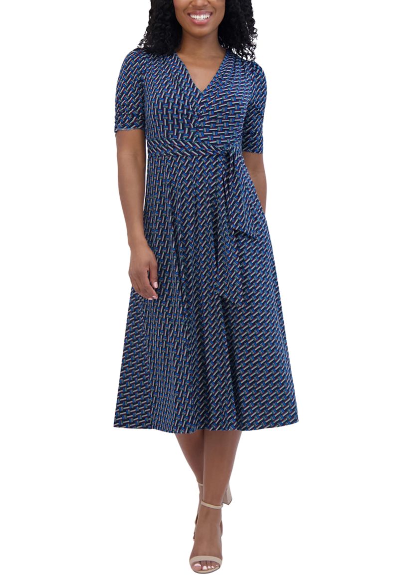 Womens Short Sleeve V-Neck Printed Tie Fit and Flare Dress