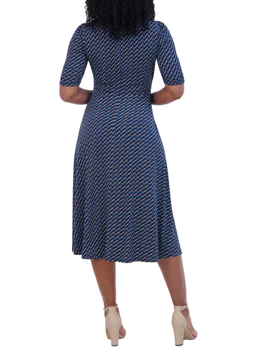 Womens Short Sleeve V-Neck Printed Tie Fit and Flare Dress