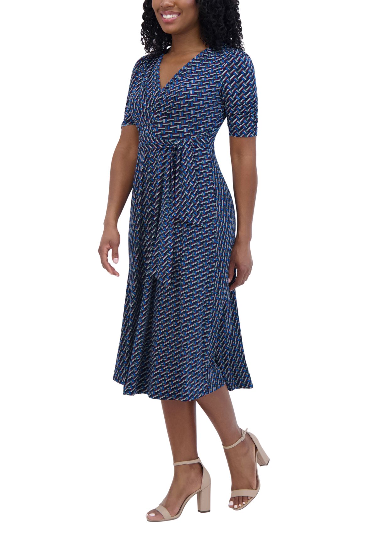 Womens Short Sleeve V-Neck Printed Tie Fit and Flare Dress