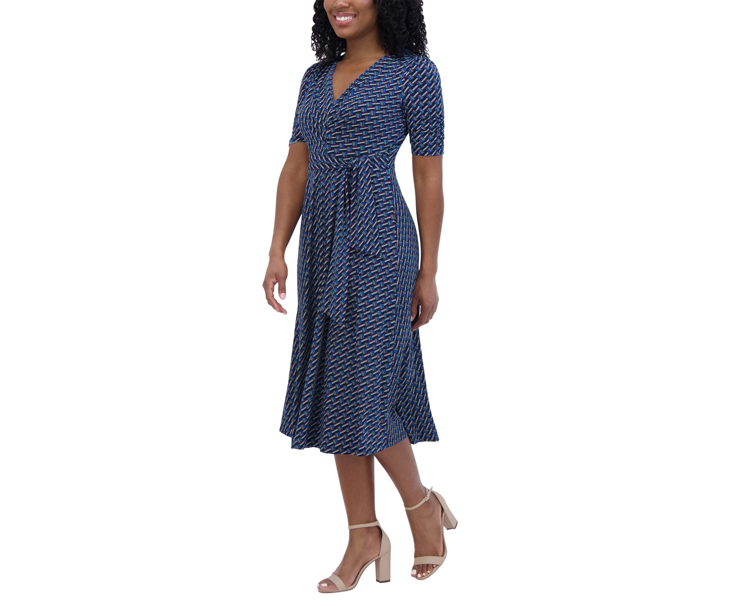 Womens Short Sleeve V-Neck Printed Tie Fit and Flare Dress
