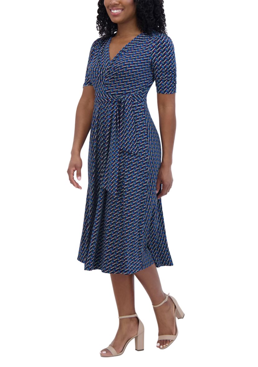 Womens Short Sleeve V-Neck Printed Tie Fit and Flare Dress