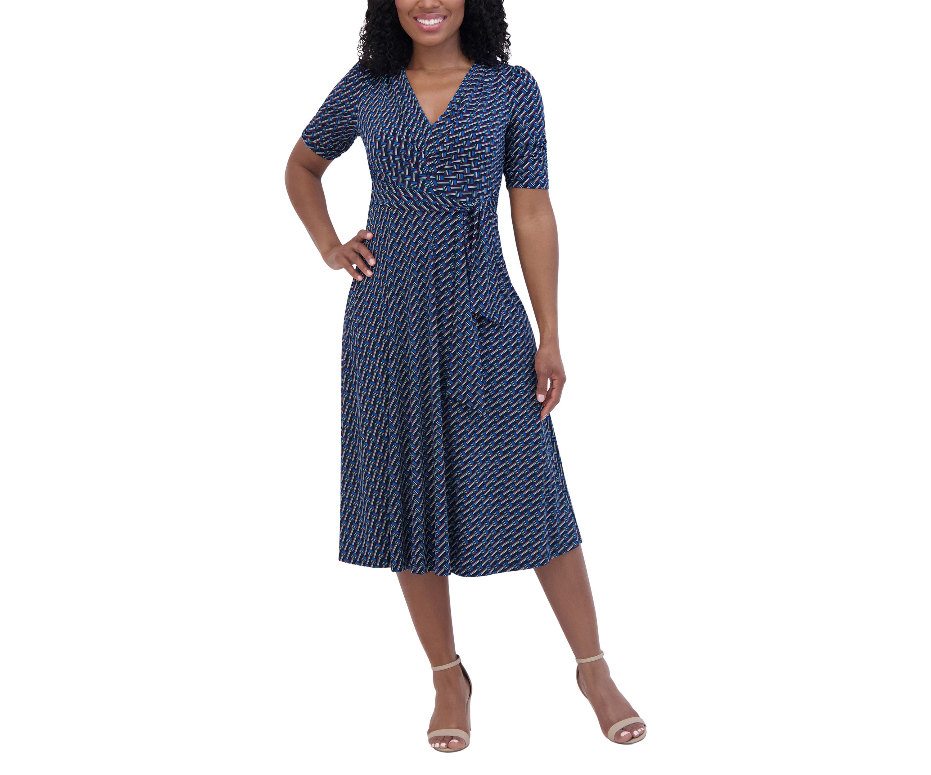 Womens Short Sleeve V-Neck Printed Tie Fit and Flare Dress