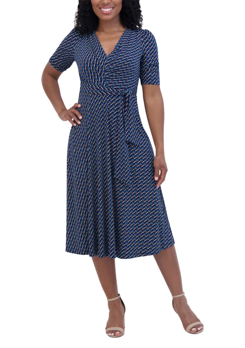 Womens Short Sleeve V-Neck Printed Tie Fit and Flare Dress