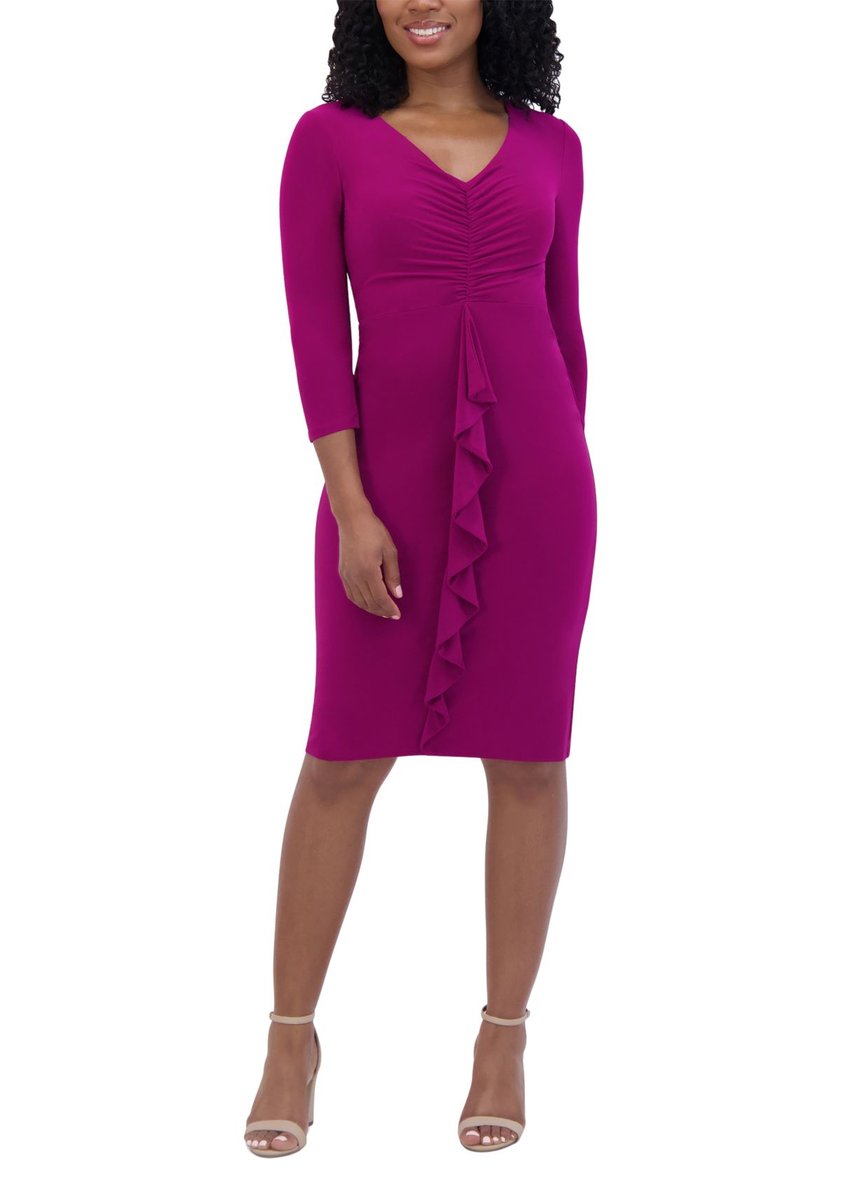 Womens 3/4 Sleeve V-Neck Solid Ruch Sheath Dress