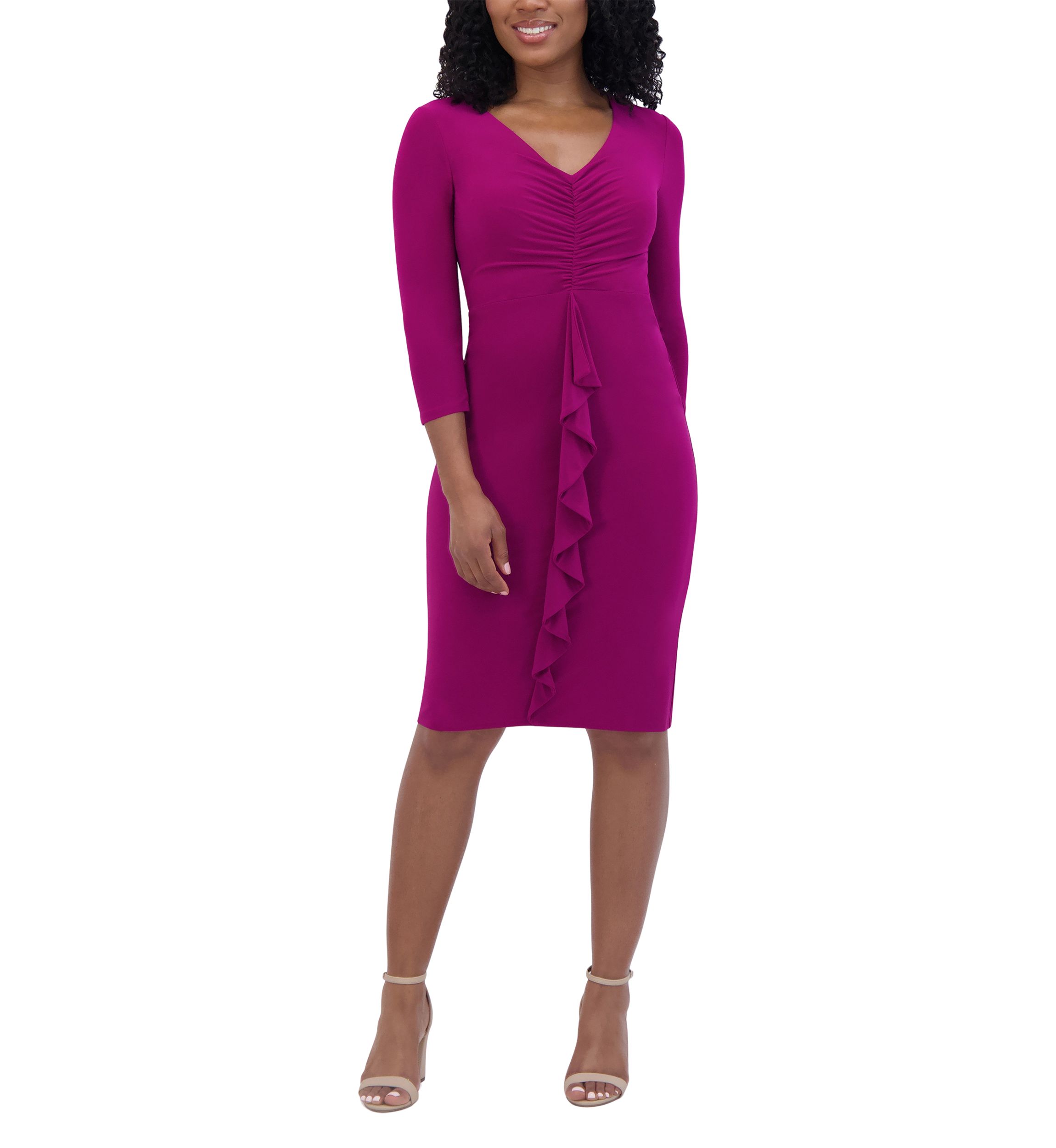 Womens 3/4 Sleeve V-Neck Solid Ruch Sheath Dress