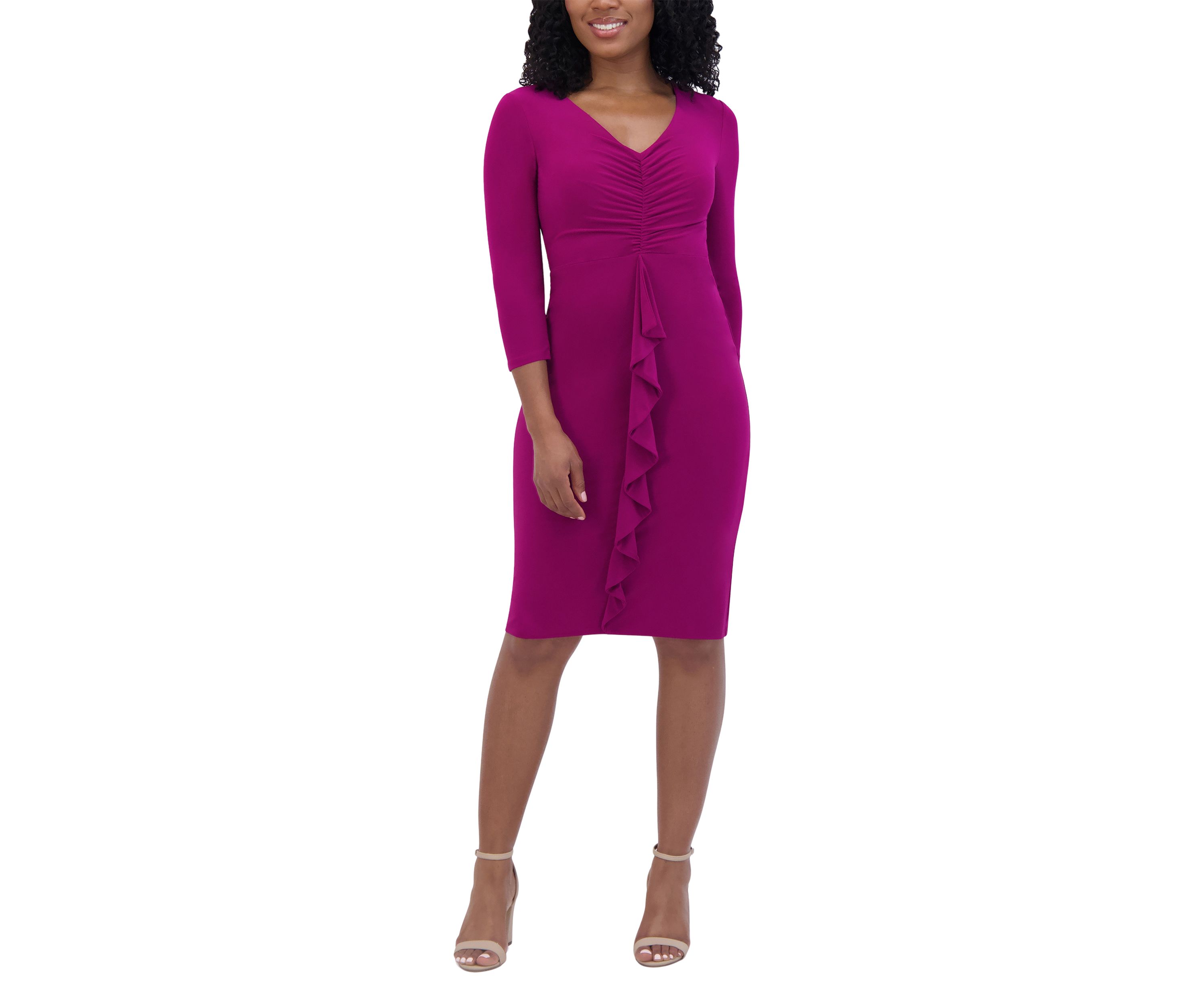 Womens 3/4 Sleeve V-Neck Solid Ruch Sheath Dress