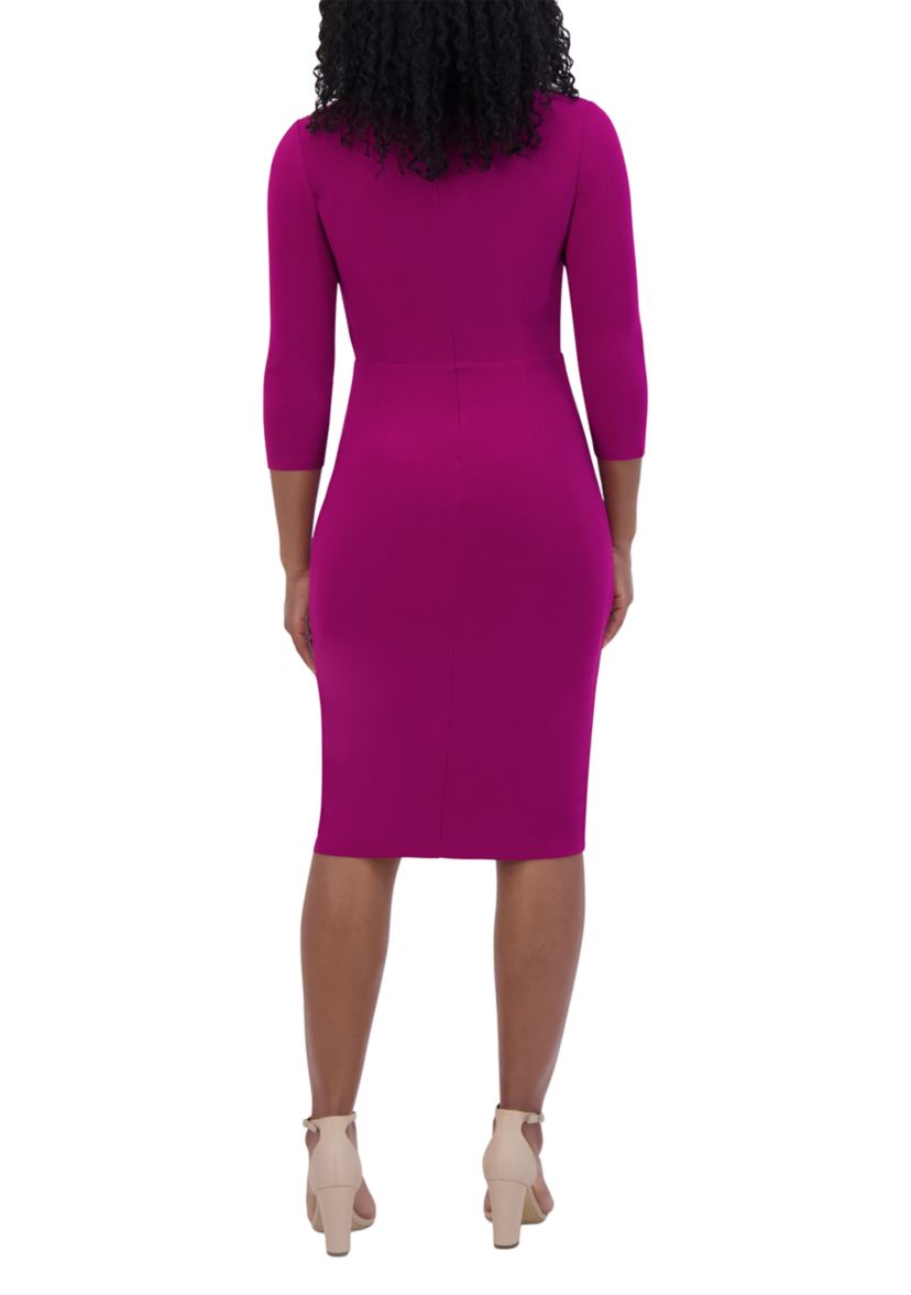 Womens 3/4 Sleeve V-Neck Solid Ruch Sheath Dress