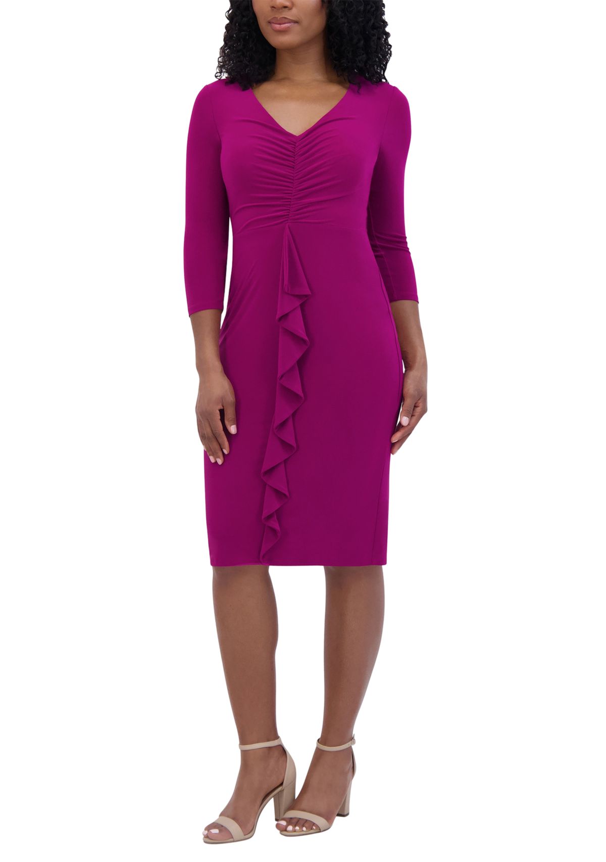 Womens 3/4 Sleeve V-Neck Solid Ruch Sheath Dress