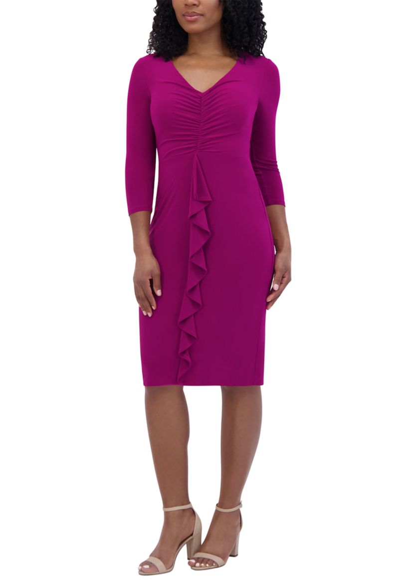 Womens 3/4 Sleeve V-Neck Solid Ruch Sheath Dress