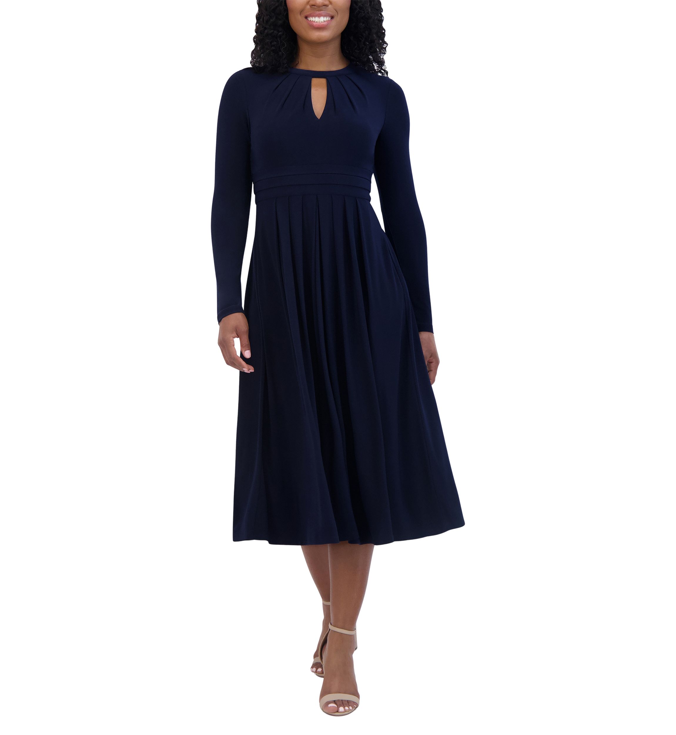 Womens Long Sleeve Keyhole Neck Solid Fit and Flare Dress
