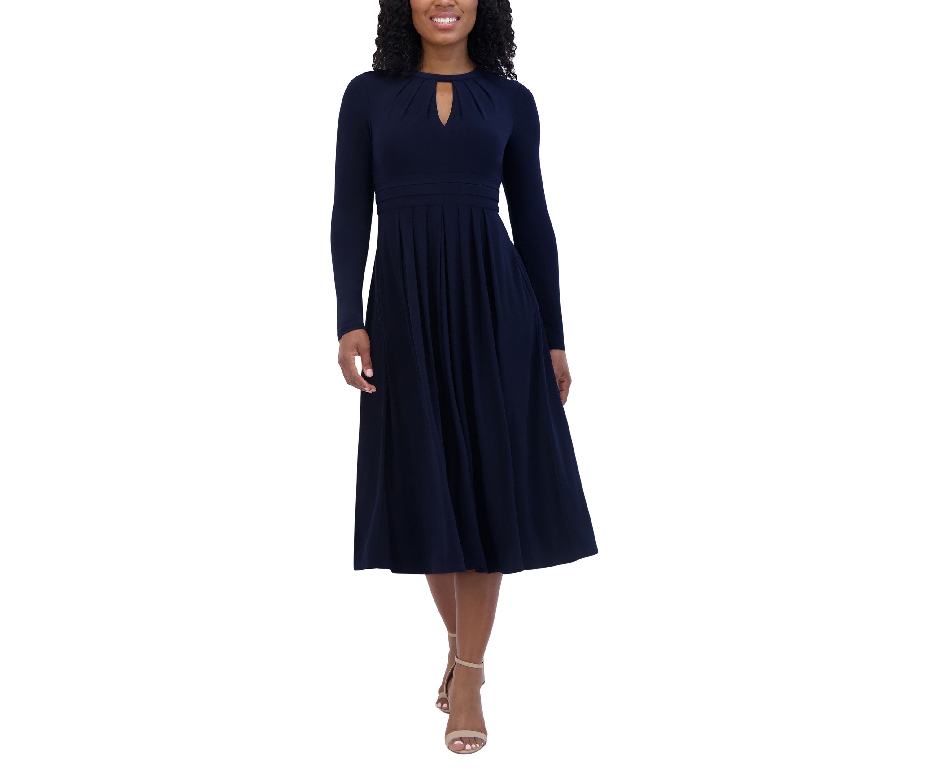 Womens Long Sleeve Keyhole Neck Solid Fit and Flare Dress