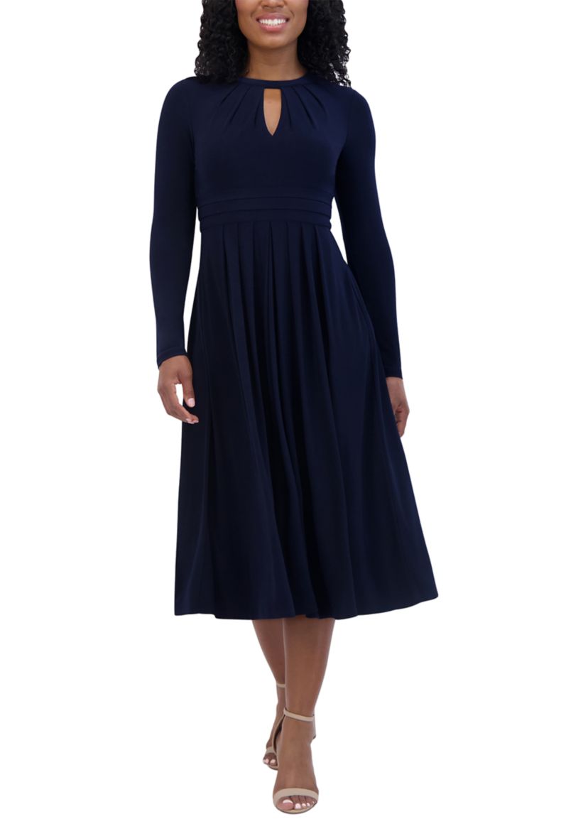 Womens Long Sleeve Keyhole Neck Solid Fit and Flare Dress