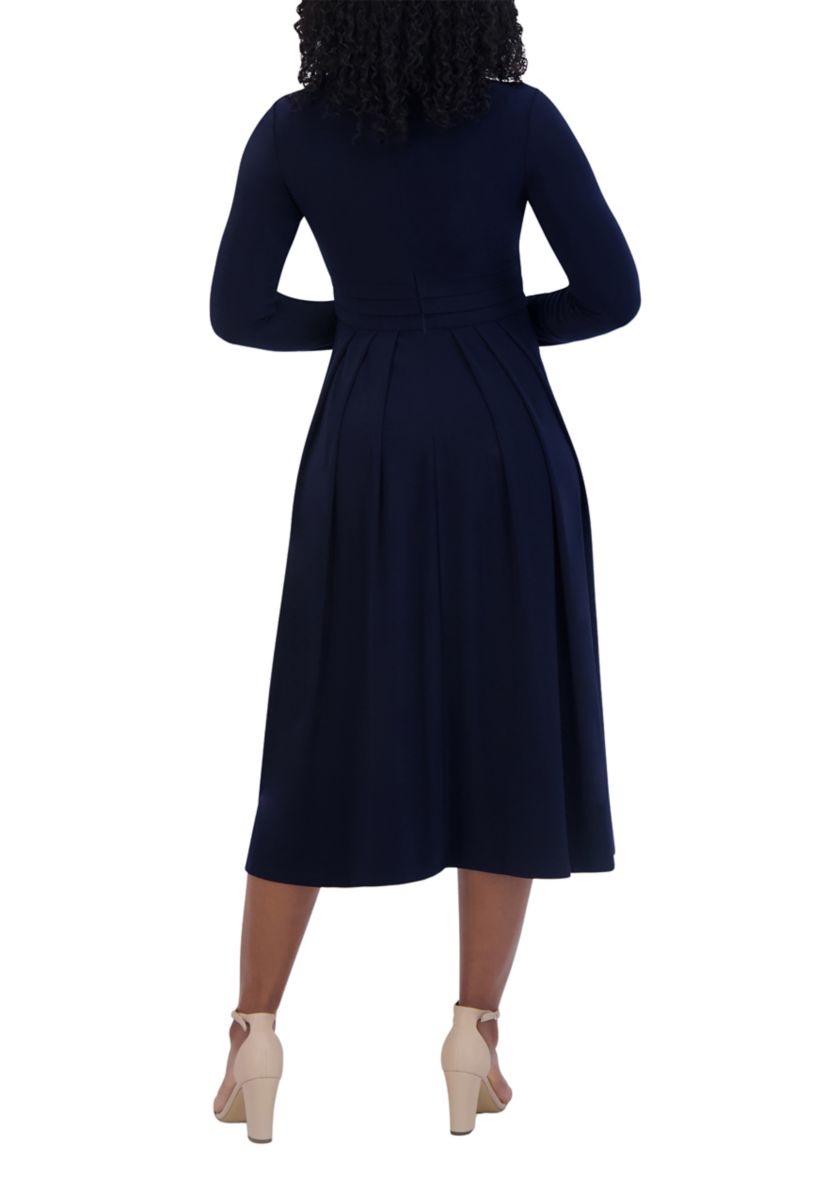 Womens Long Sleeve Keyhole Neck Solid Fit and Flare Dress