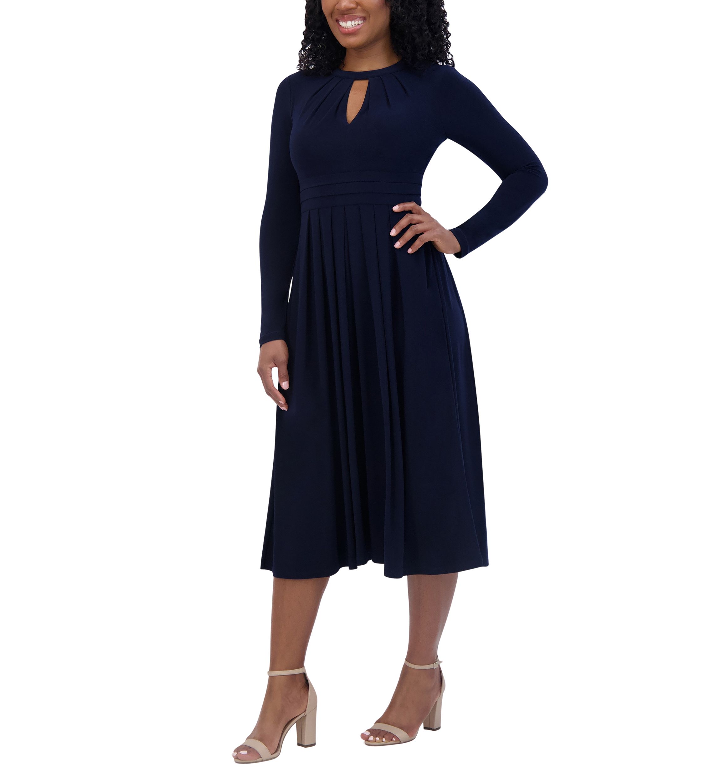 Womens Long Sleeve Keyhole Neck Solid Fit and Flare Dress