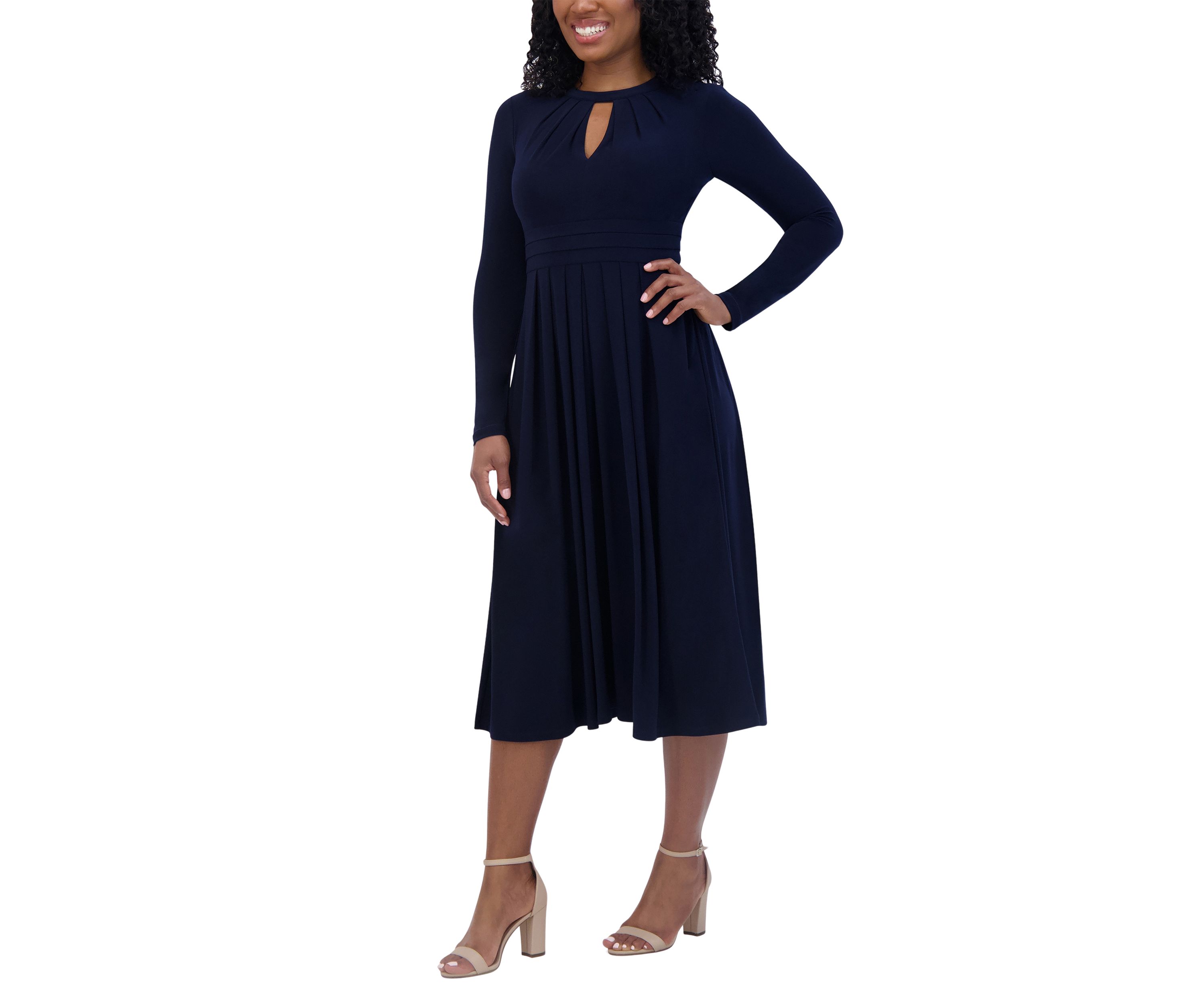 Womens Long Sleeve Keyhole Neck Solid Fit and Flare Dress