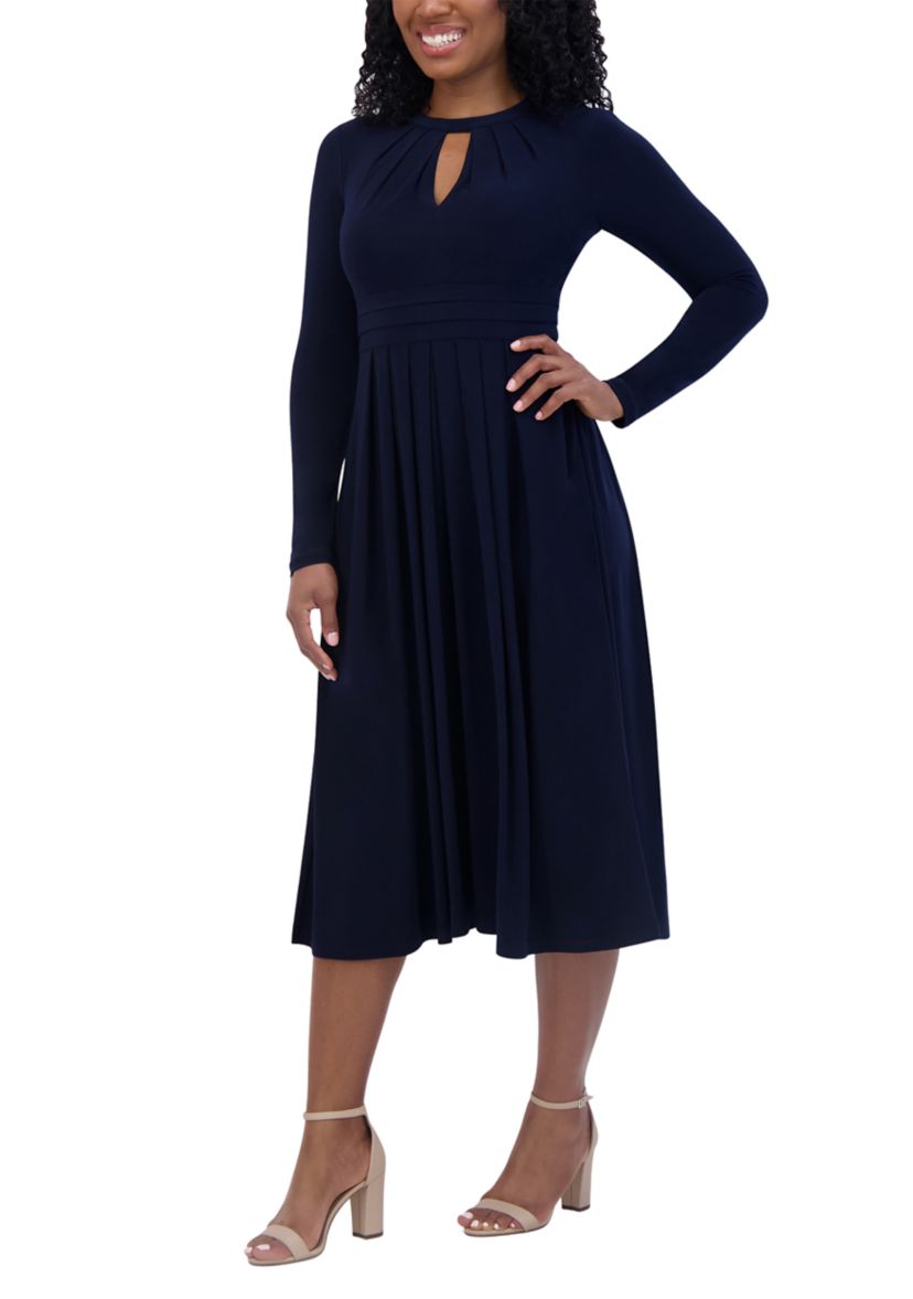 Womens Long Sleeve Keyhole Neck Solid Fit and Flare Dress