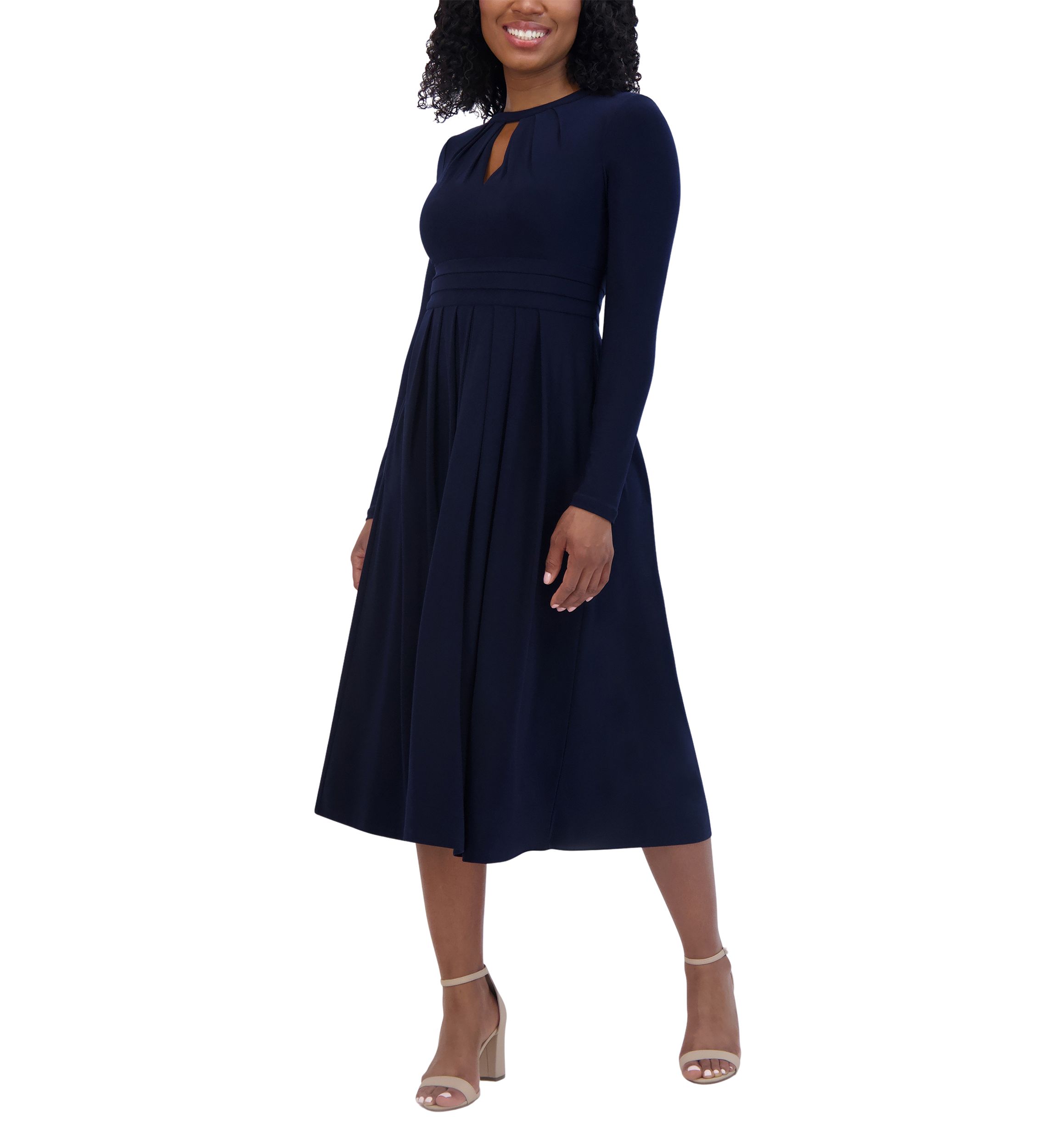Womens Long Sleeve Keyhole Neck Solid Fit and Flare Dress