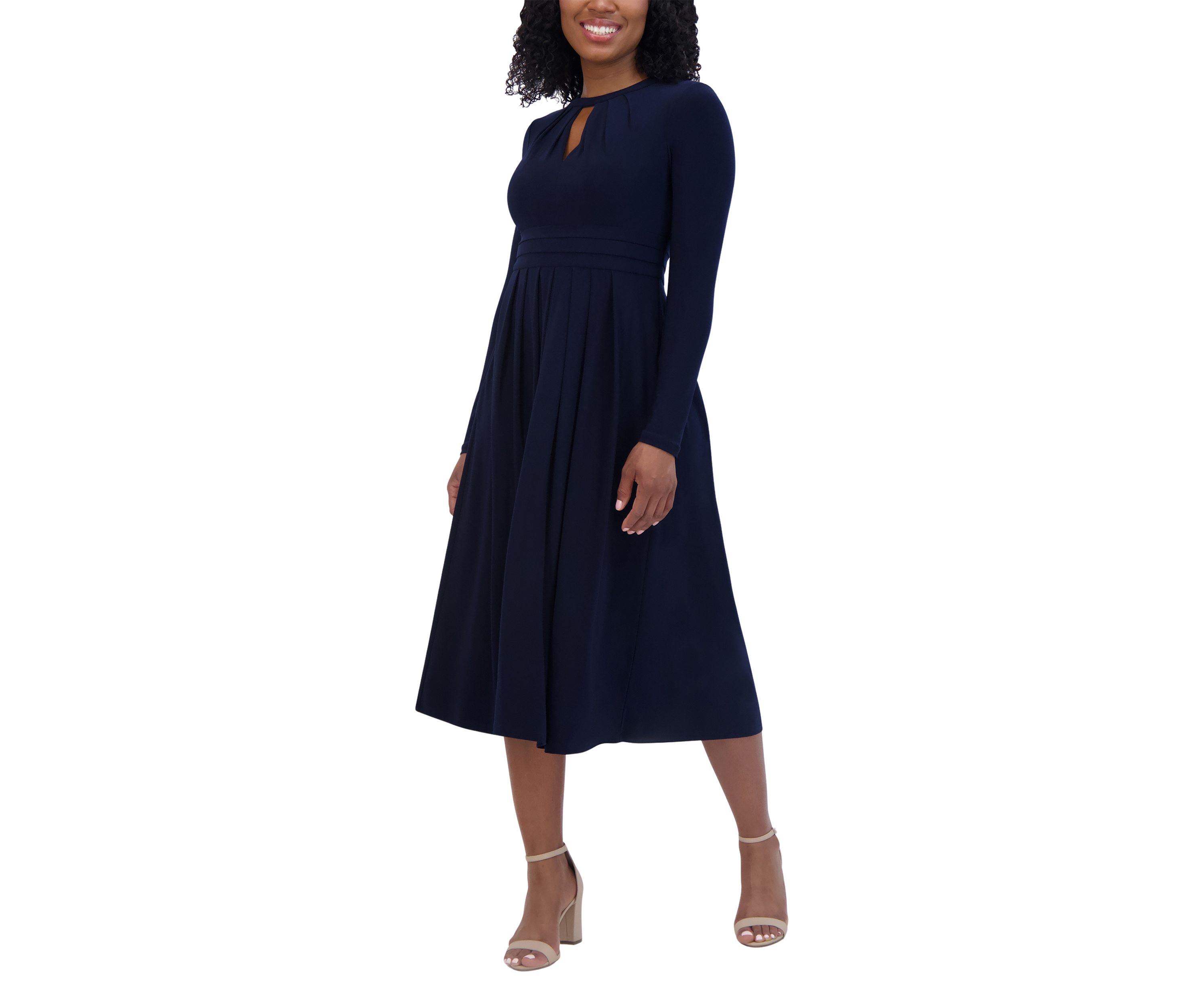 Womens Long Sleeve Keyhole Neck Solid Fit and Flare Dress