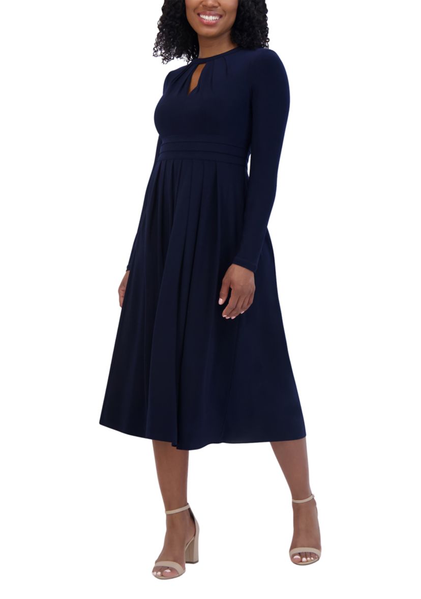 Womens Long Sleeve Keyhole Neck Solid Fit and Flare Dress