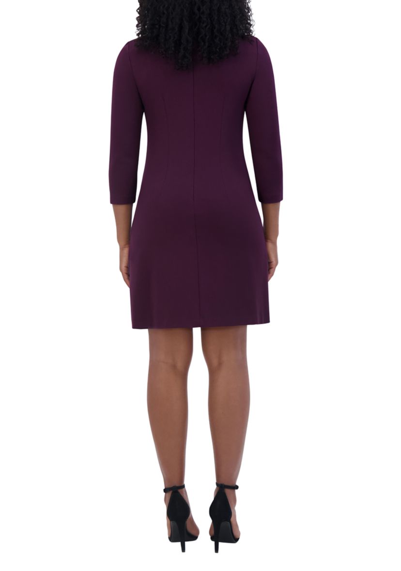 Womens 3/4 Sleeve Crew Neck Solid Pocketed Ponte A-Line Dress