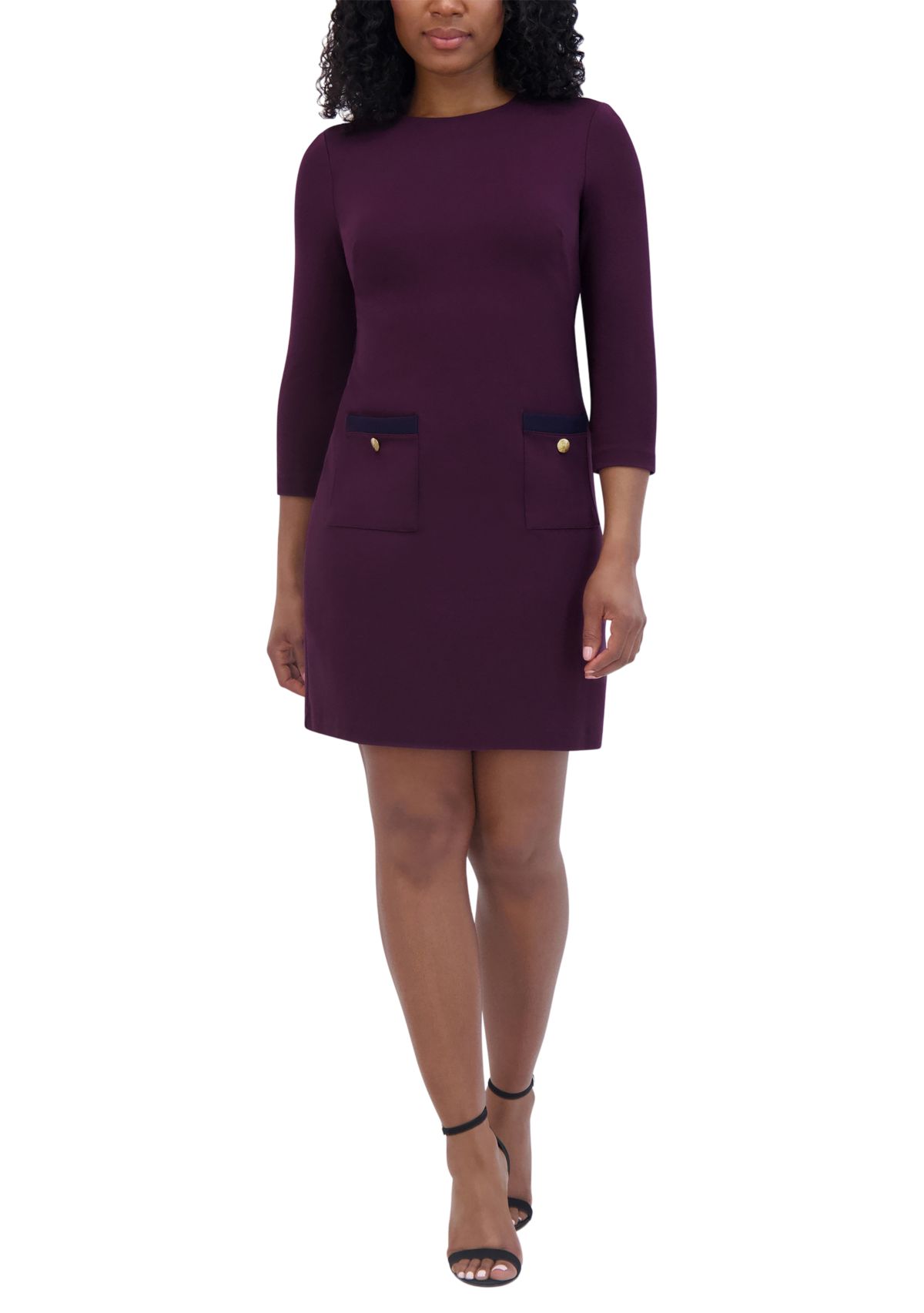 Womens 3/4 Sleeve Crew Neck Solid Pocketed Ponte A-Line Dress