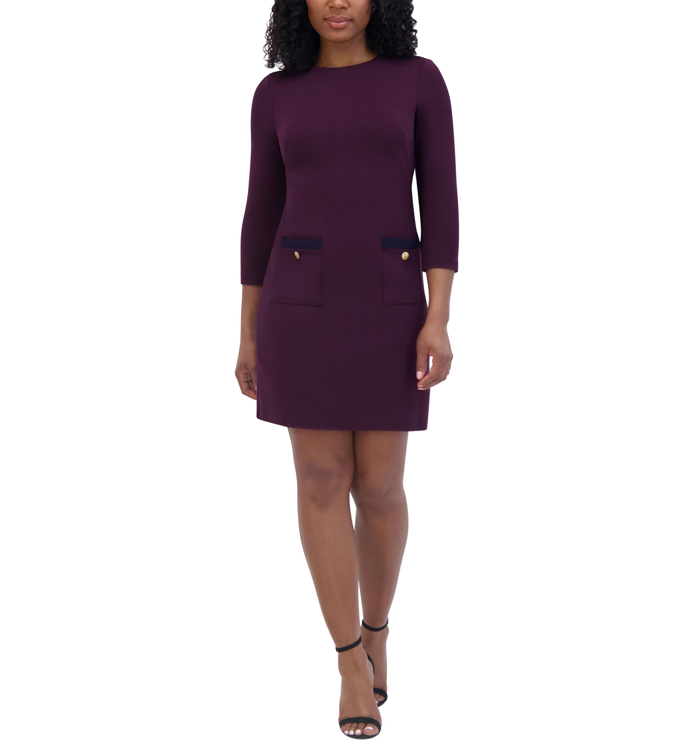 Womens 3/4 Sleeve Crew Neck Solid Pocketed Ponte A-Line Dress