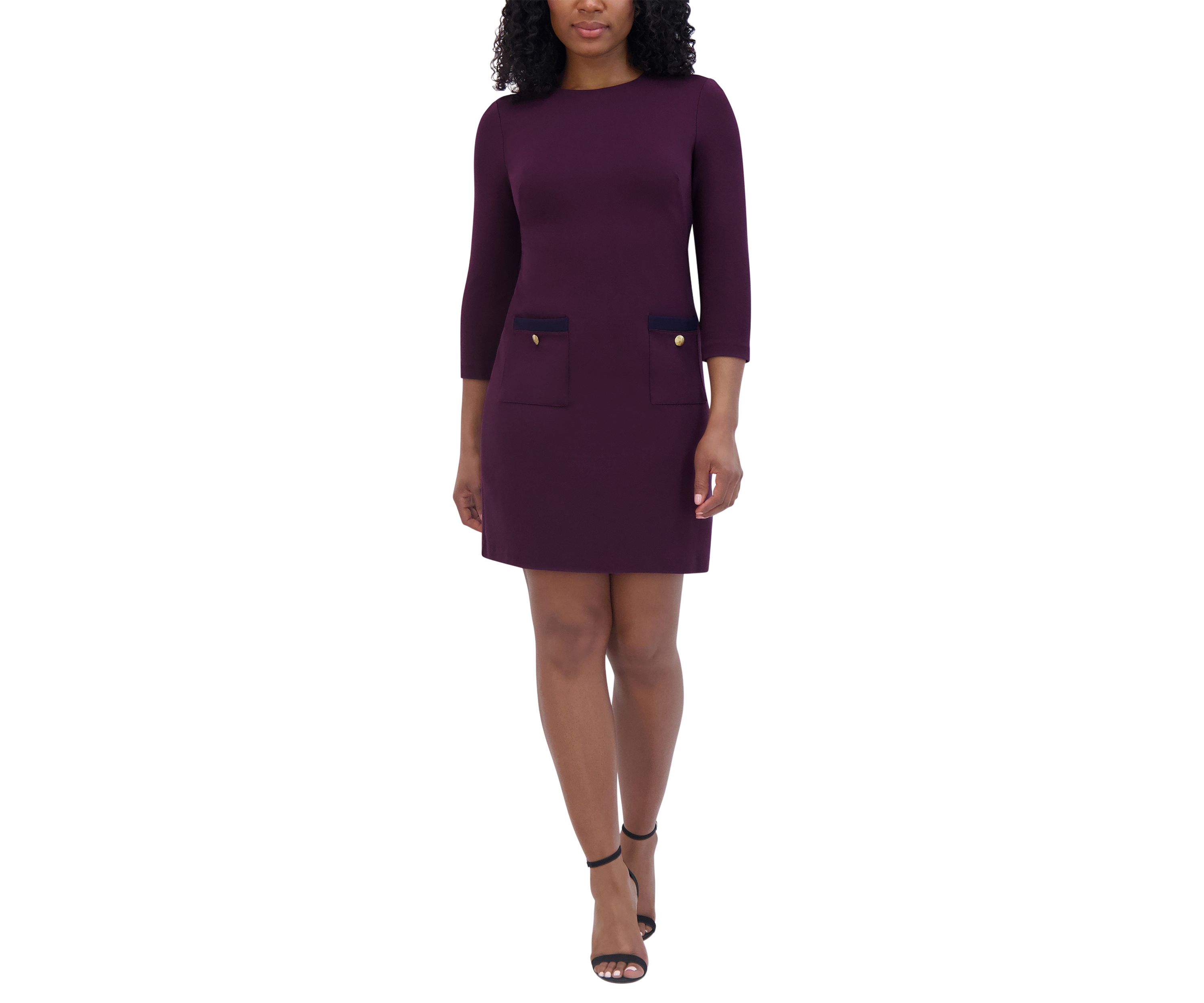 Womens 3/4 Sleeve Crew Neck Solid Pocketed Ponte A-Line Dress