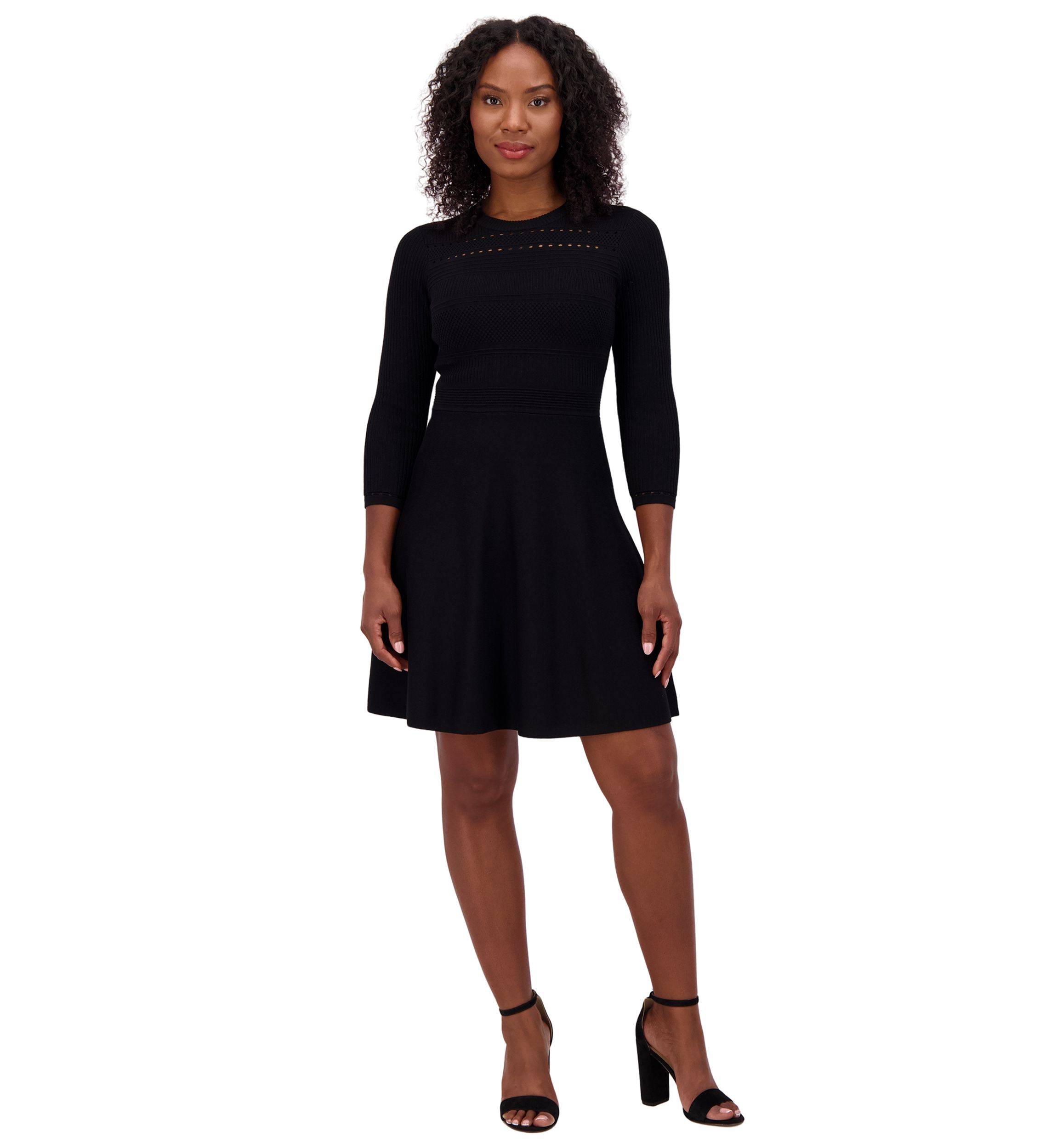 Womens 3/4 Sleeve Crew Neck Solid Fit and Flare Dress
