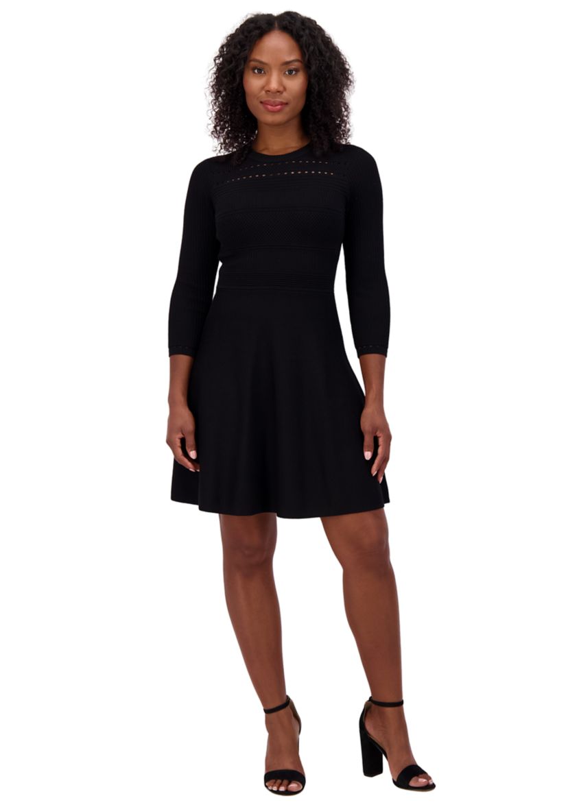 Womens 3/4 Sleeve Crew Neck Solid Fit and Flare Dress